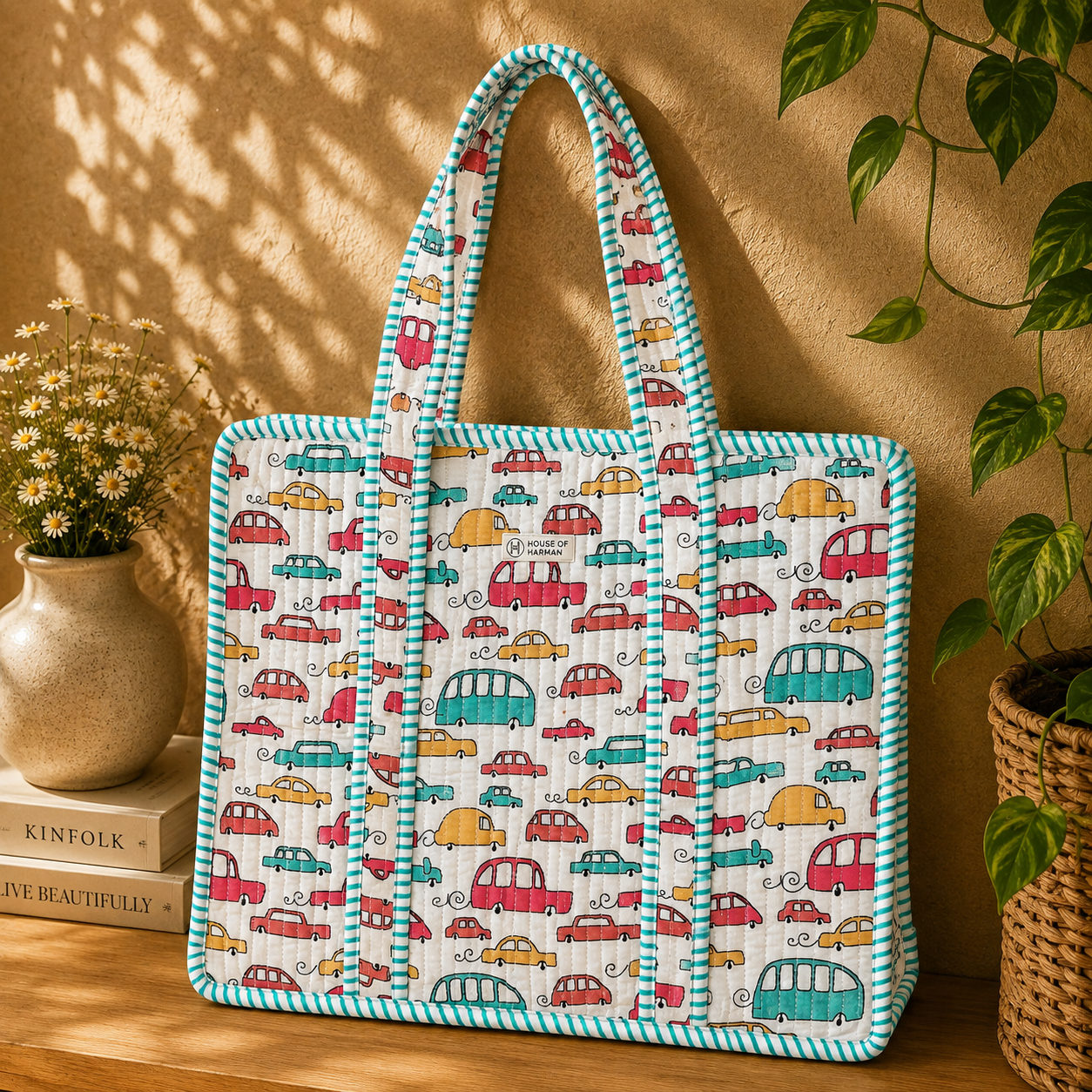 House of Harman Block Printed Tote Bag | Zipper Closure | 2 Inner Pockets | Ample Storage