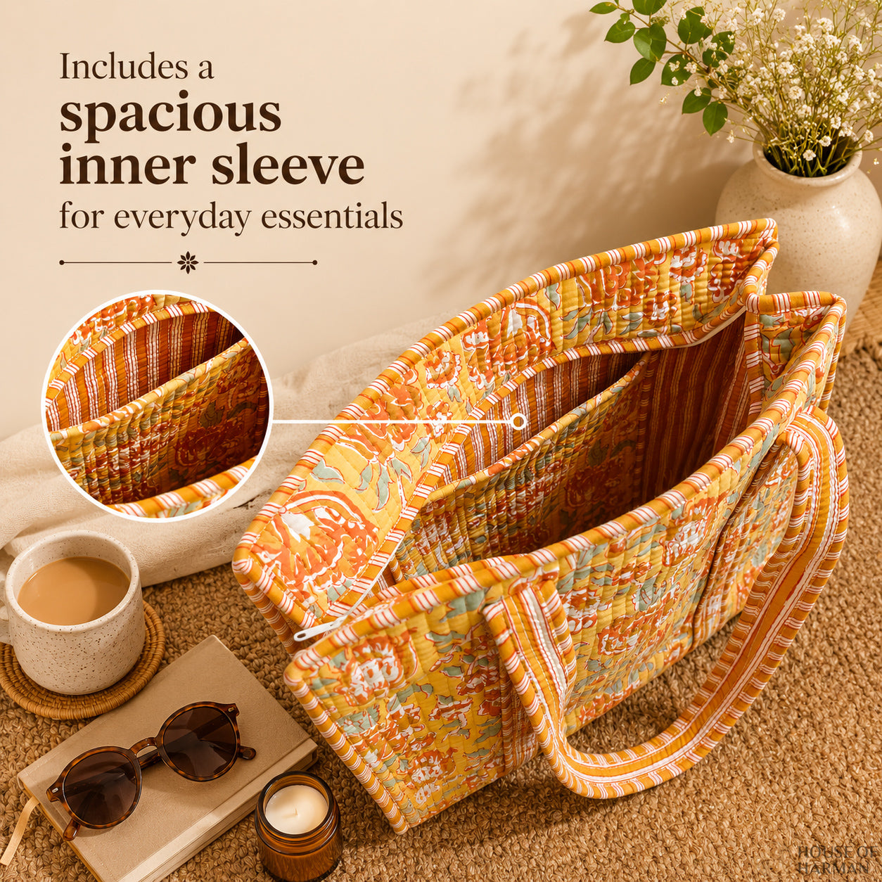 House of Harman Block Printed Tote Bag | Zipper Closure | 2 Inner Pockets | Ample Storage