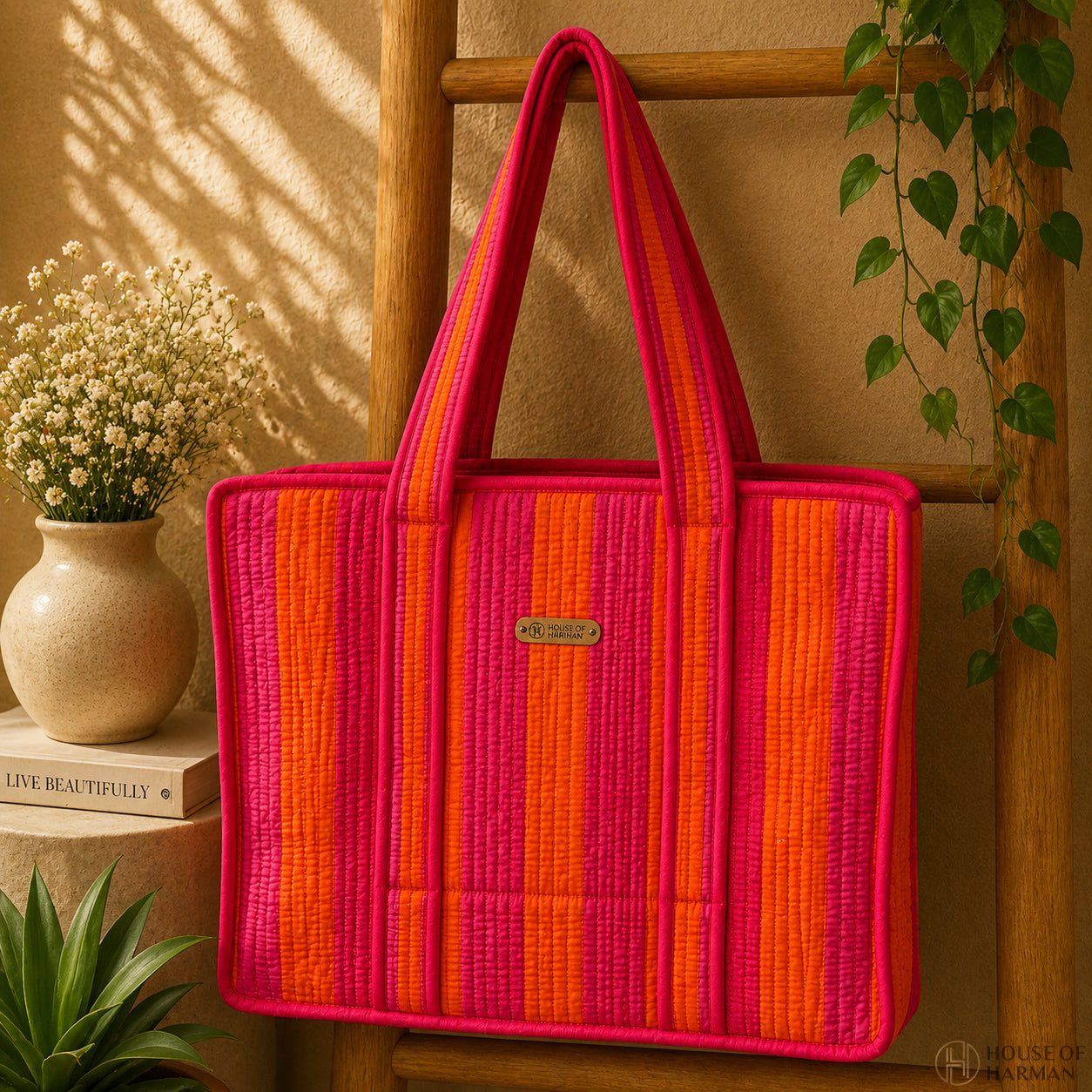 House of Harman Block Printed Tote Bag | Zipper Closure | 2 Inner Pockets | Ample Storage