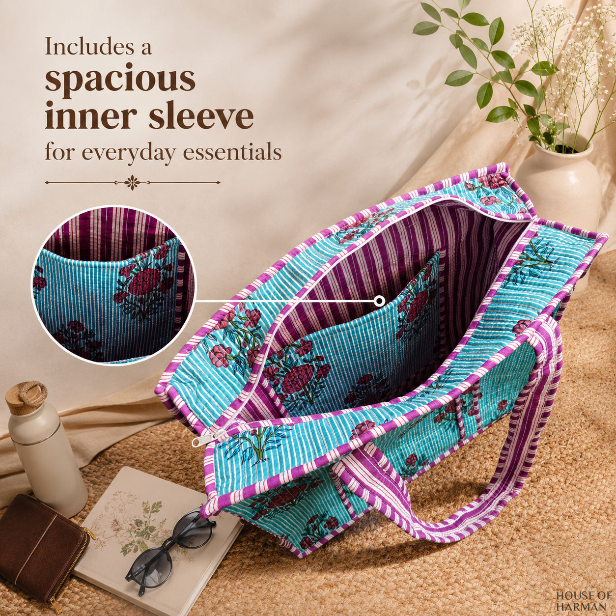 House of Harman Block Printed Tote Bag | Zipper Closure | 2 Inner Pockets | Ample Storage