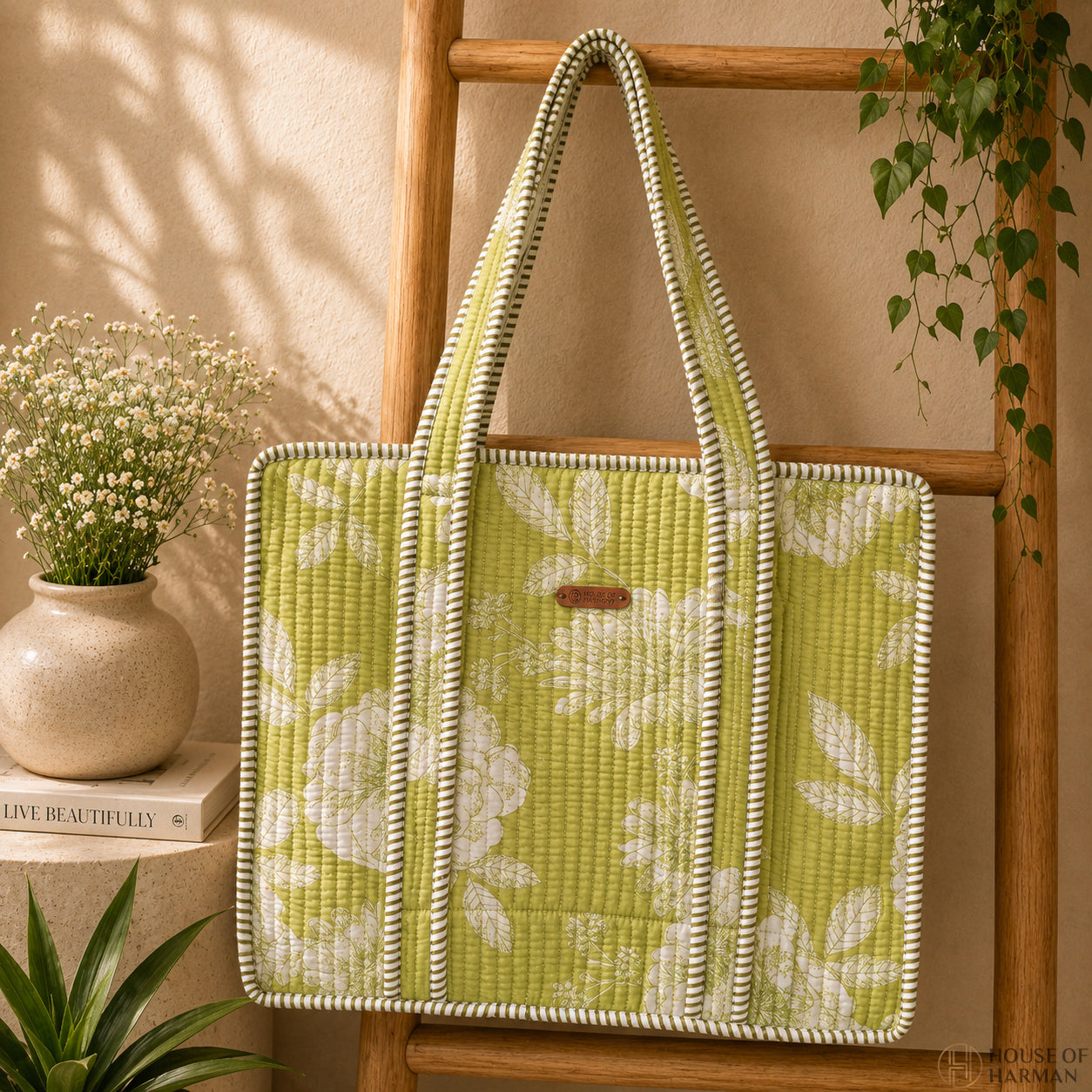House of Harman Block Printed Tote Bag | Zipper Closure | 2 Inner Pockets | Ample Storage