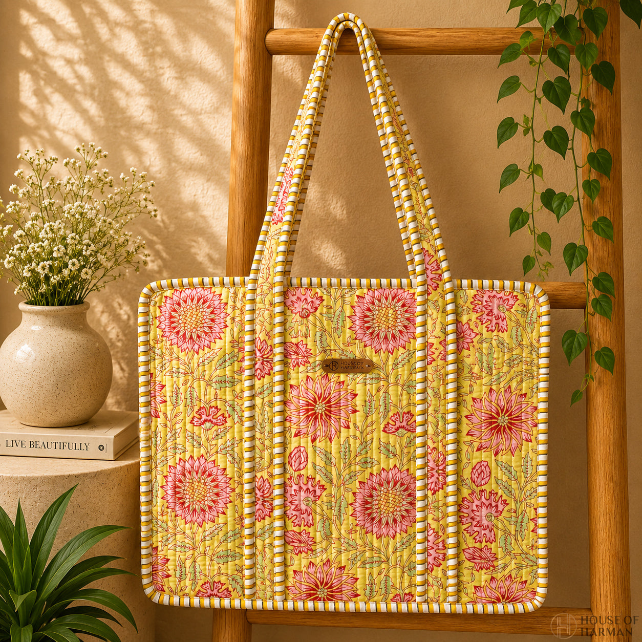 House of Harman Block Printed Tote Bag | Zipper Closure | 2 Inner Pockets | Ample Storage