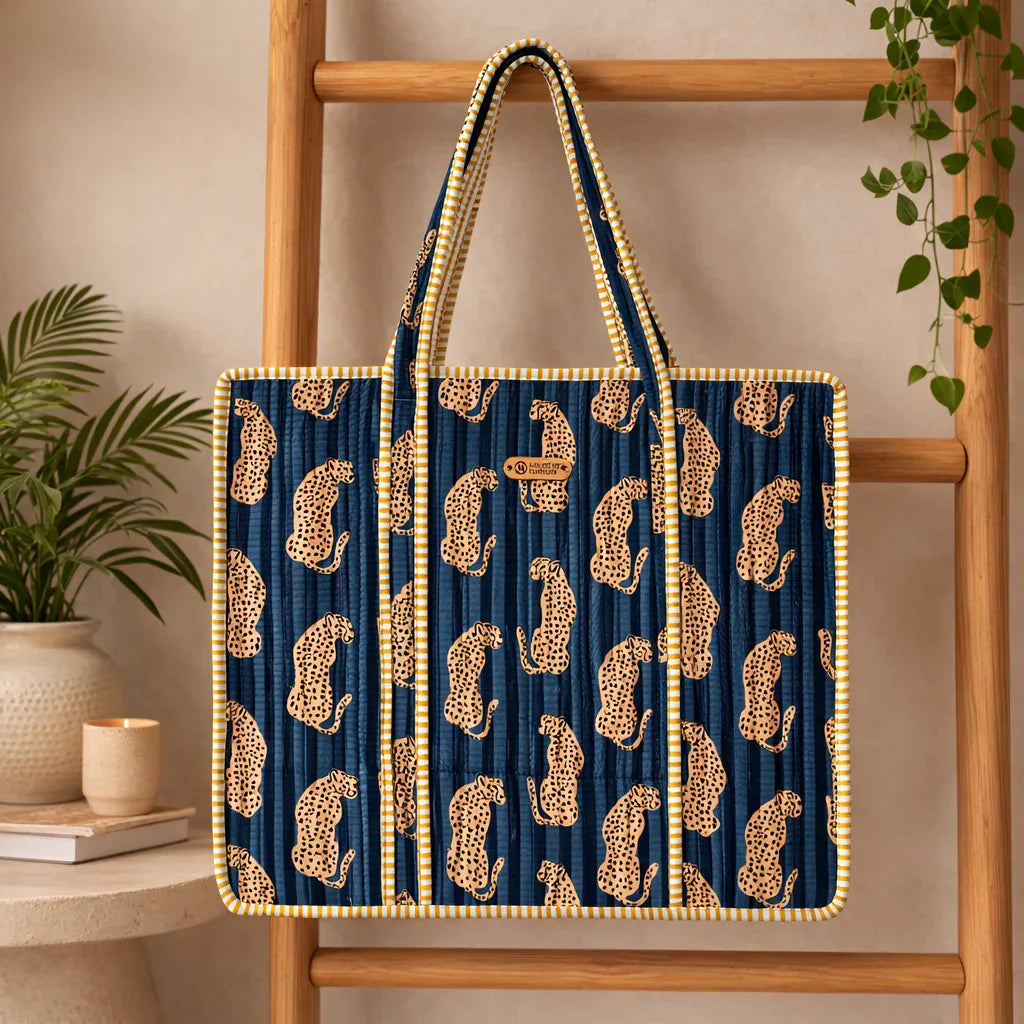 House of Harman Block Printed Tote Bag | Zipper Closure | 2 Inner Pockets | Ample Storage