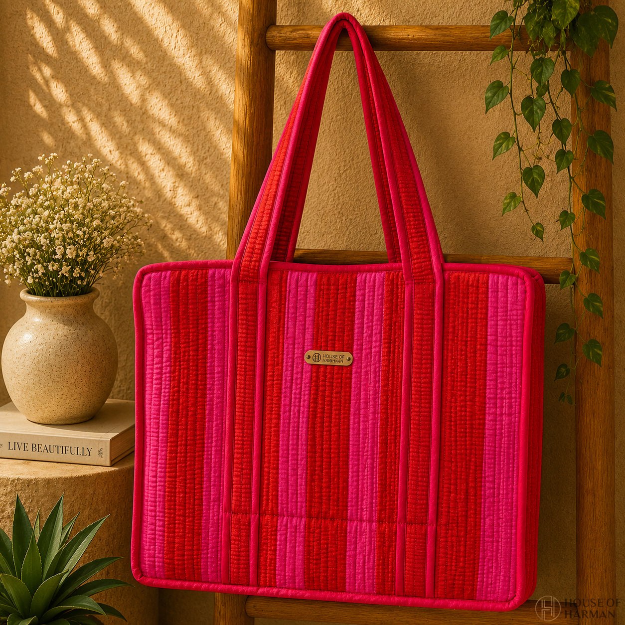 House of Harman Block Printed Tote Bag | Zipper Closure | 2 Inner Pockets | Ample Storage