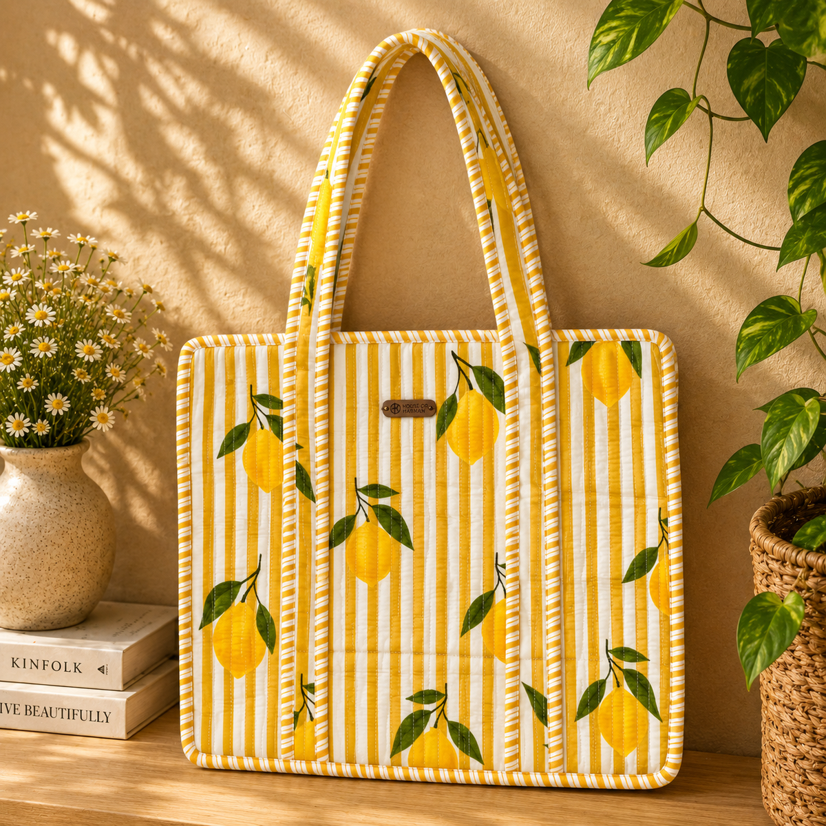 House of Harman Block Printed Tote Bag | Zipper Closure | 2 Inner Pockets | Ample Storage