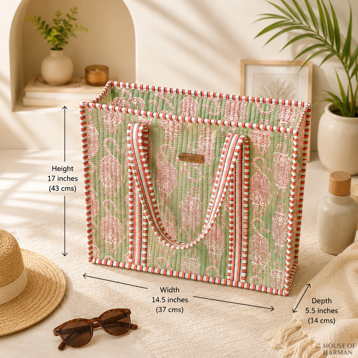 House of Harman Block Printed Tote Bag | Zipper Closure | 2 Inner Pockets | Ample Storage