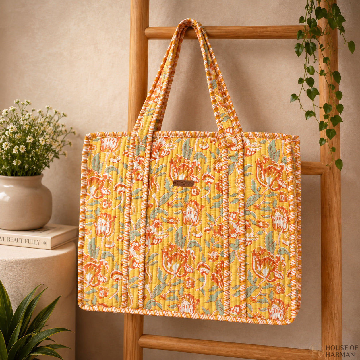 House of Harman Block Printed Tote Bag | Zipper Closure | 2 Inner Pockets | Ample Storage