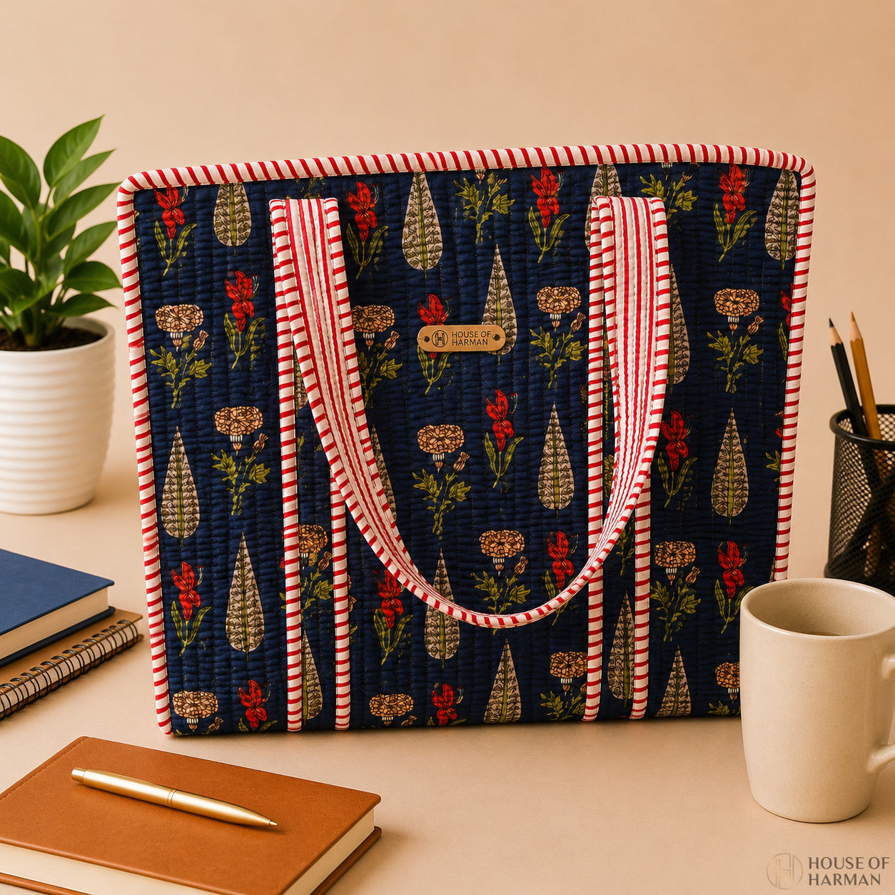 House of Harman Block Printed Tote Bag | Zipper Closure | 2 Inner Pockets | Ample Storage