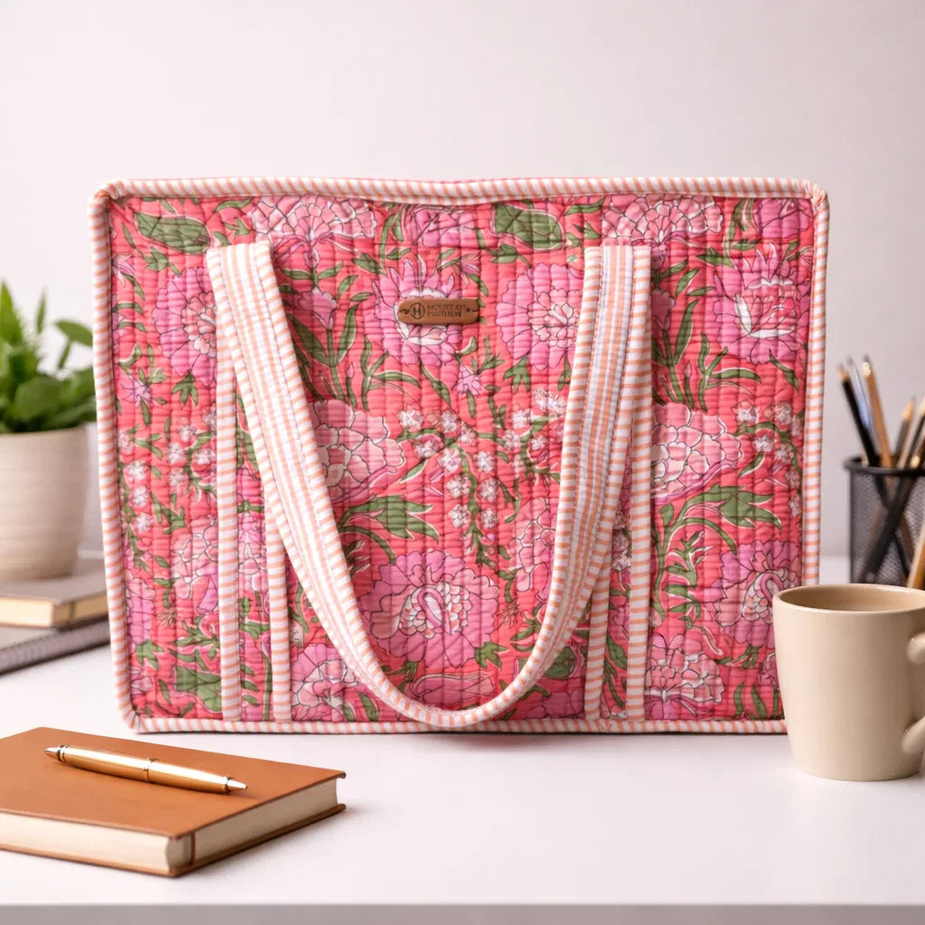 House of Harman Block Printed Tote Bag | Zipper Closure | 2 Inner Pockets | Ample Storage