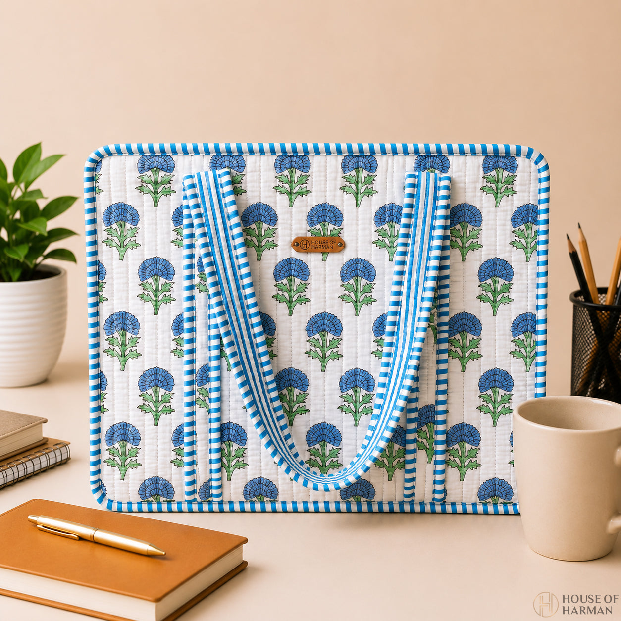 House of Harman Block Printed Tote Bag | Zipper Closure | 2 Inner Pockets | Ample Storage