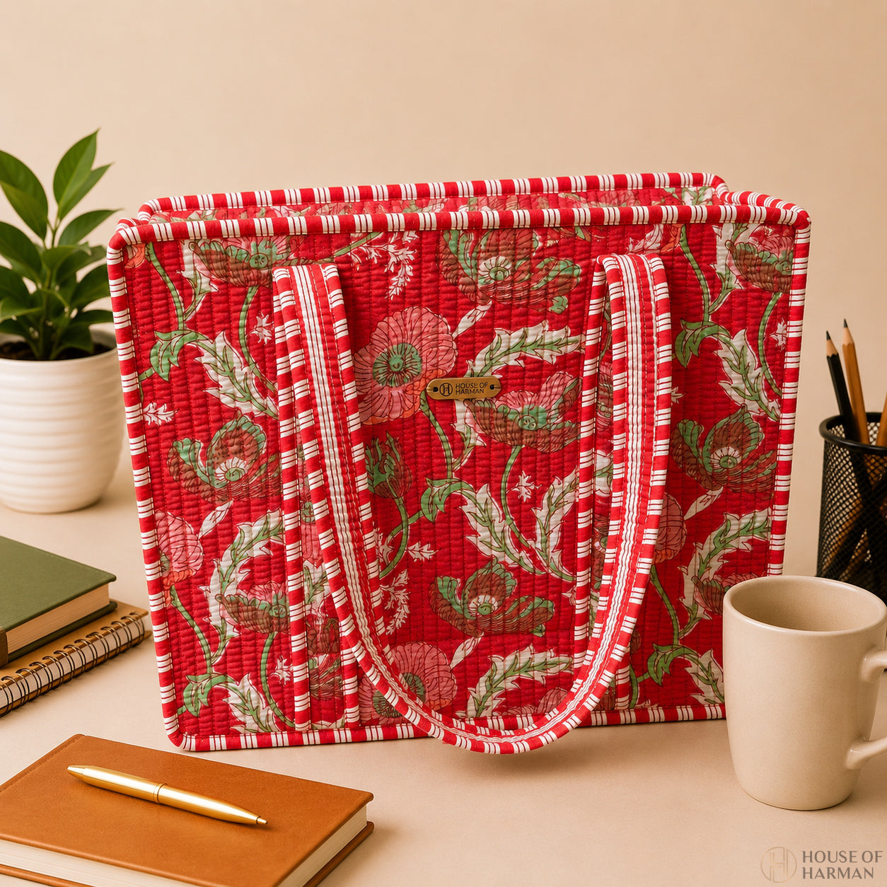 House of Harman Block Printed Tote Bag | Zipper Closure | 2 Inner Pockets | Ample Storage