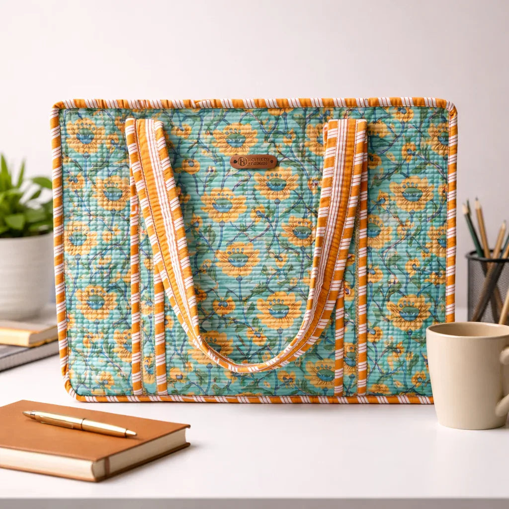 House of Harman Block Printed Tote Bag | Zipper Closure | 2 Inner Pockets | Ample Storage