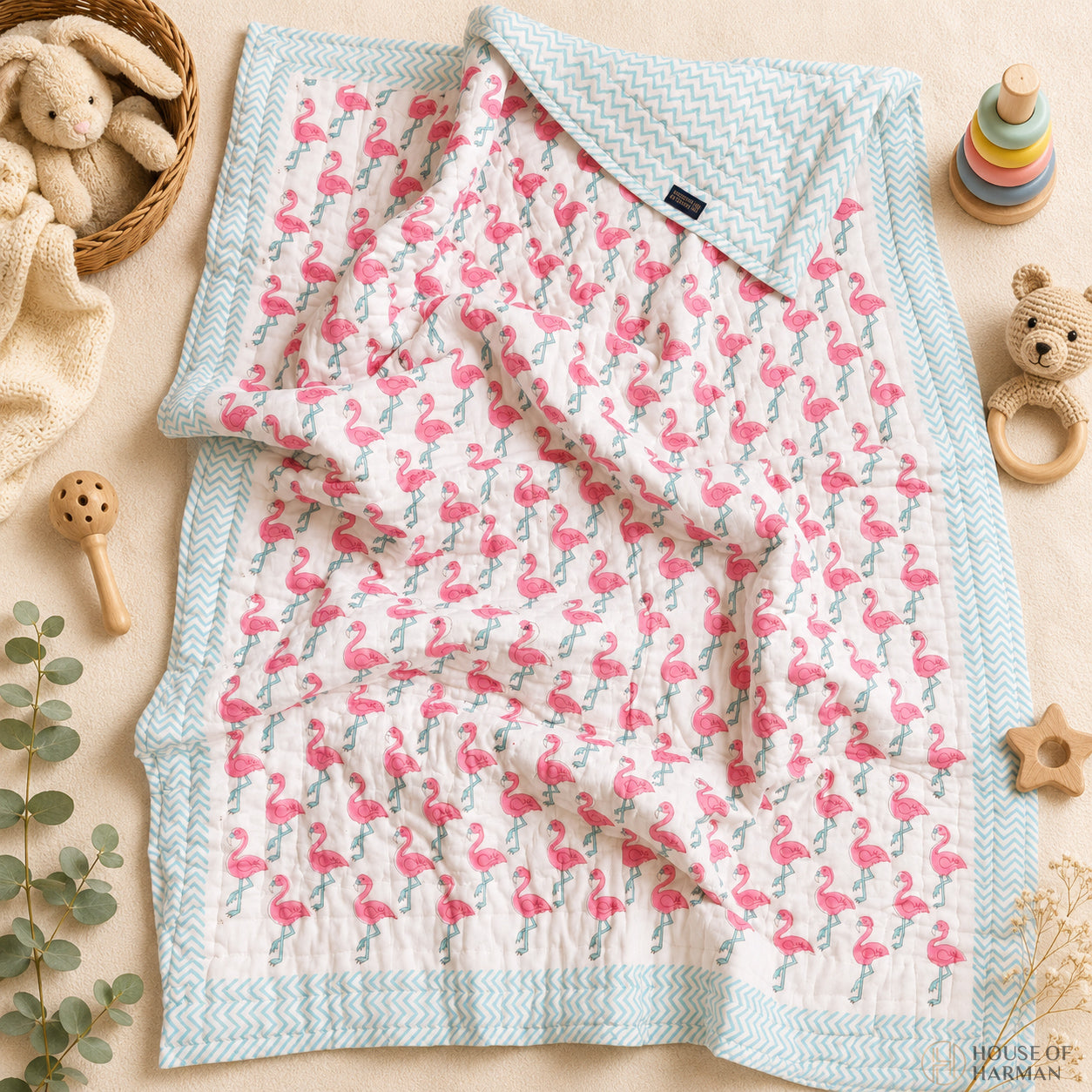 Pink Palm Flamingo Baby Quilt