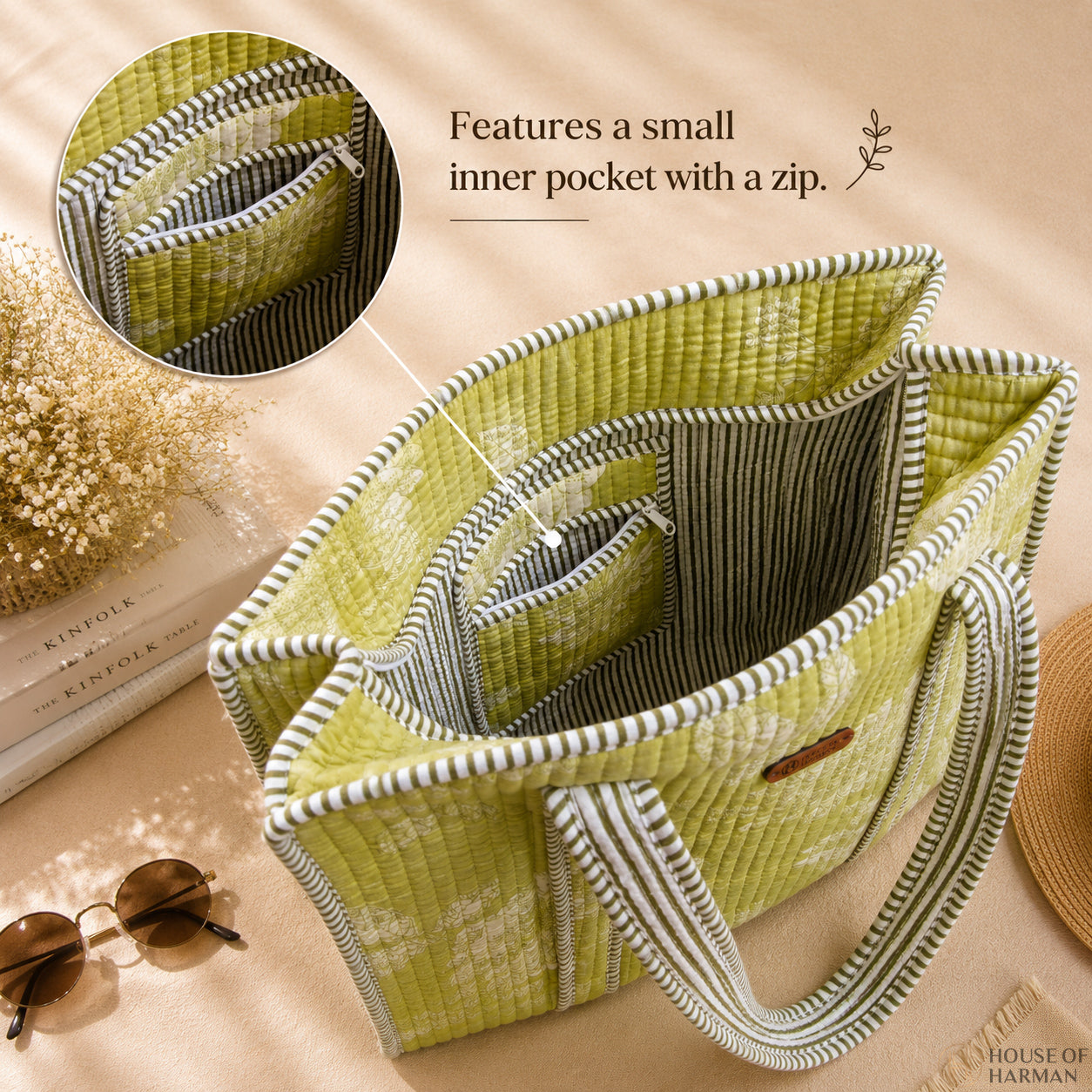 House of Harman Block Printed Tote Bag | Zipper Closure | 2 Inner Pockets | Ample Storage