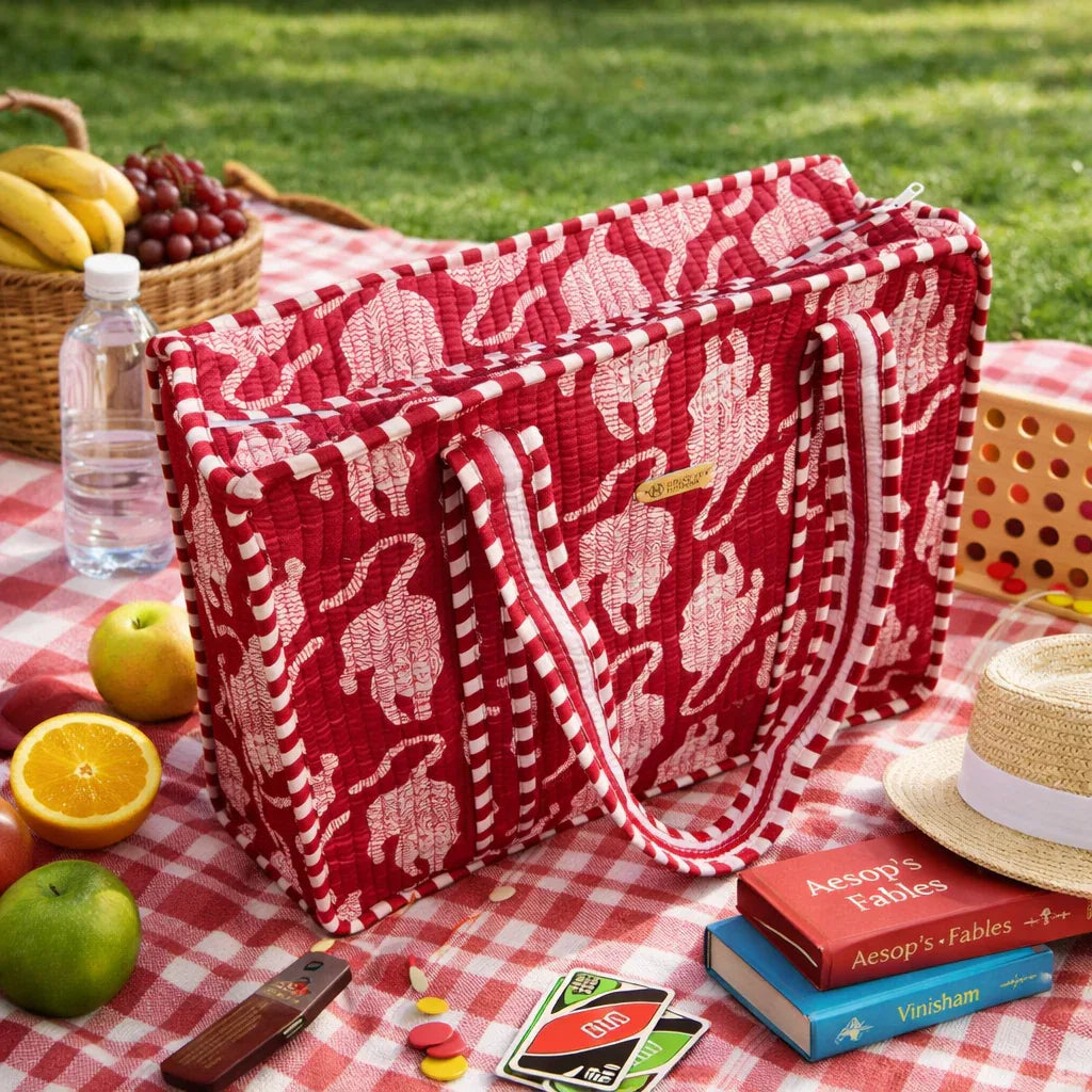 House of Harman Block Printed Tote Bag | Zipper Closure | 2 Inner Pockets | Ample Storage