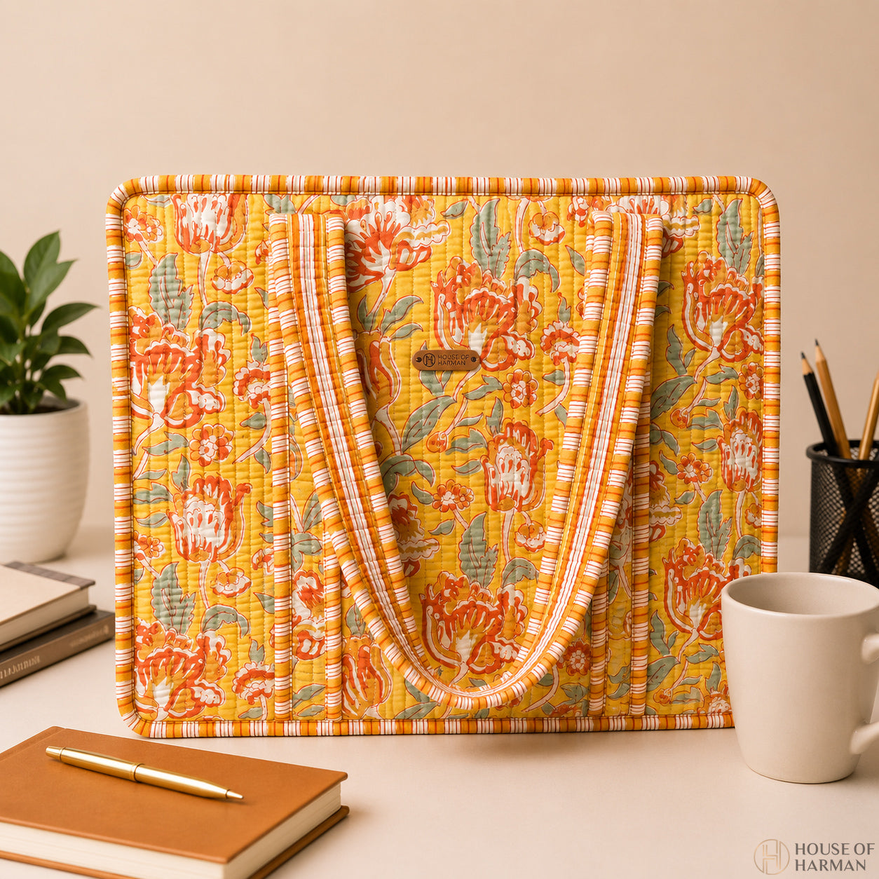House of Harman Block Printed Tote Bag | Zipper Closure | 2 Inner Pockets | Ample Storage