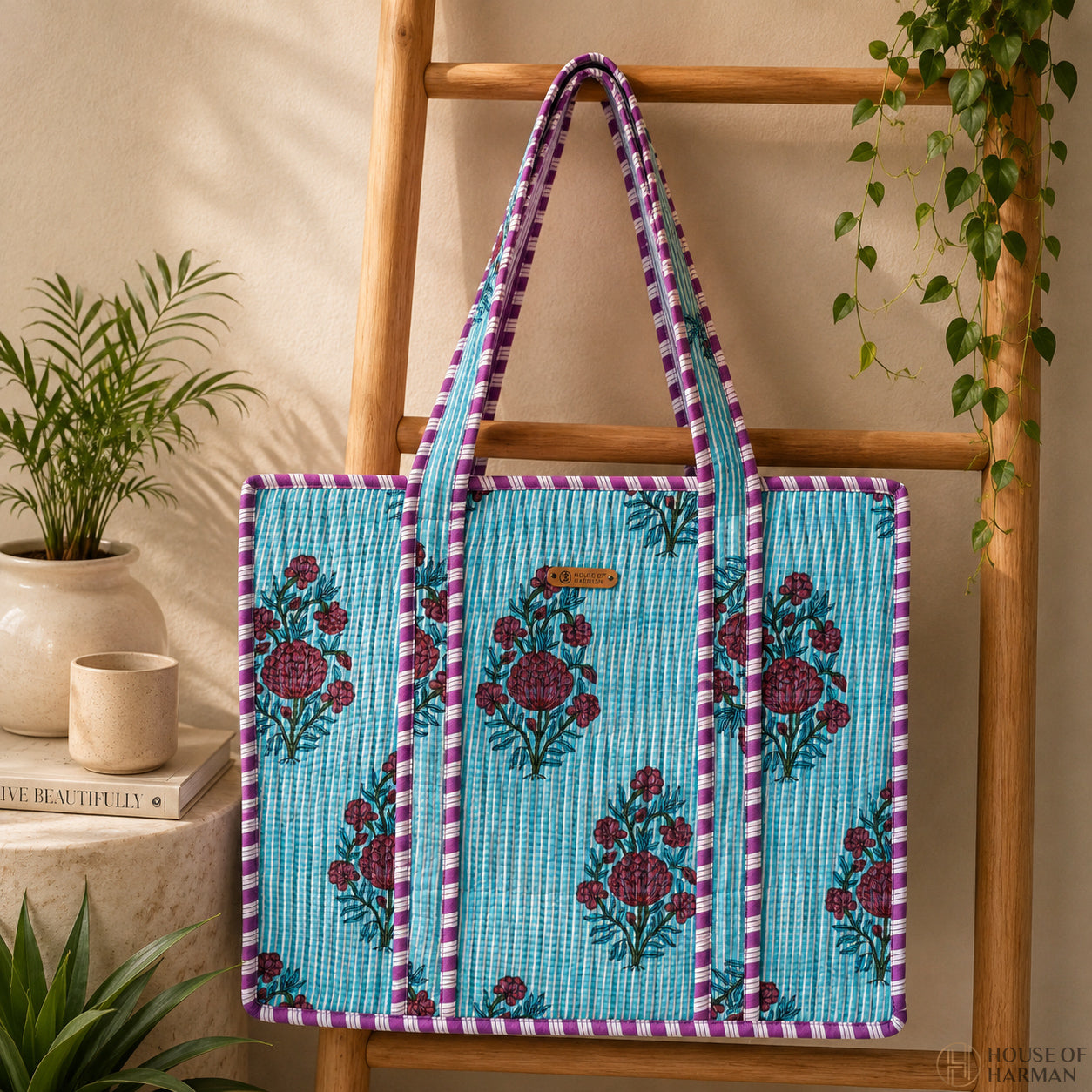 House of Harman Block Printed Tote Bag | Zipper Closure | 2 Inner Pockets | Ample Storage