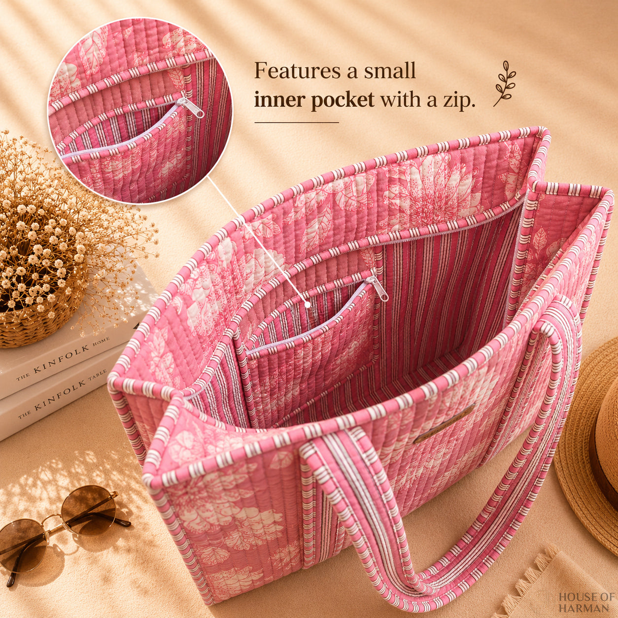 House of Harman Block Printed Tote Bag | Zipper Closure | 2 Inner Pockets | Ample Storage