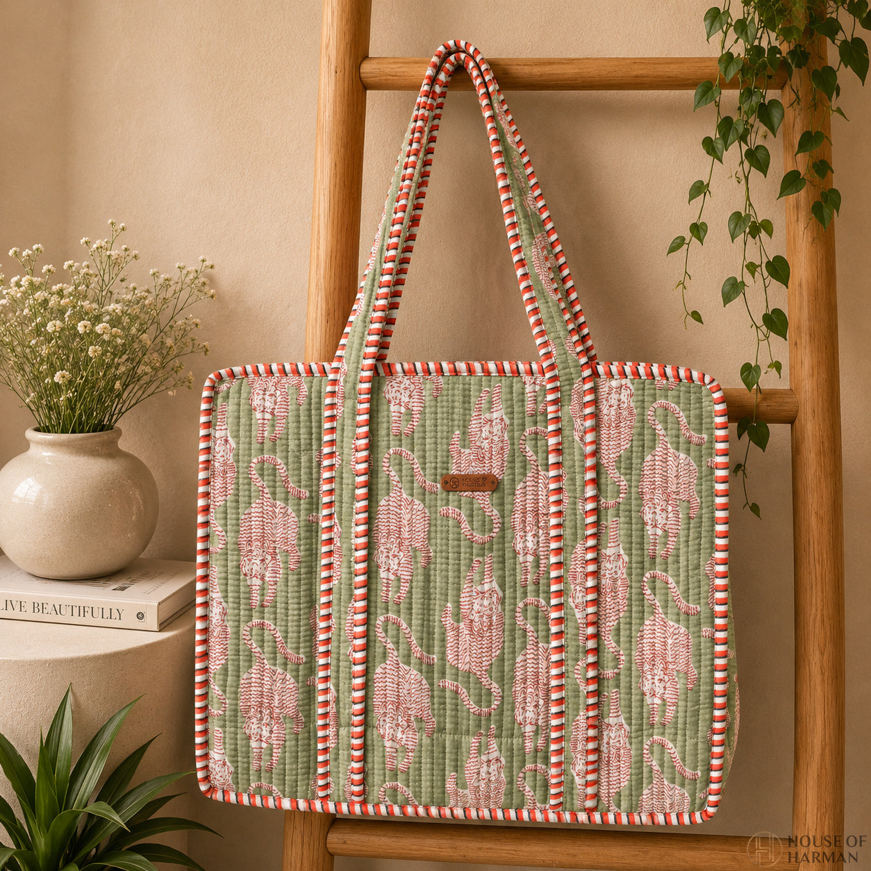 House of Harman Block Printed Tote Bag | Zipper Closure | 2 Inner Pockets | Ample Storage
