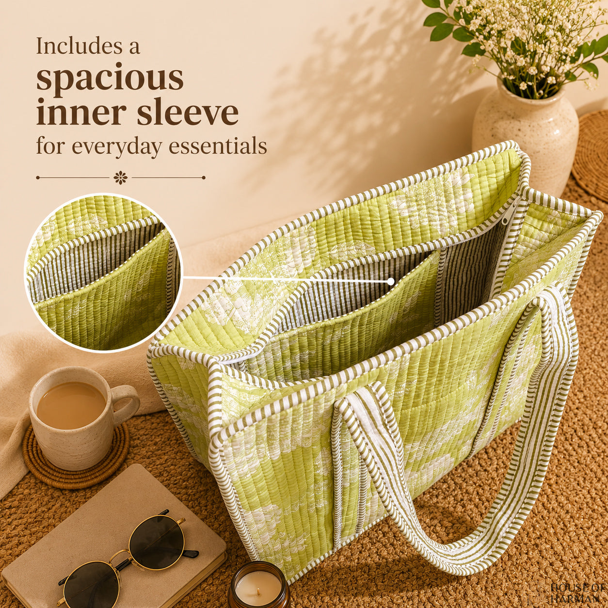 House of Harman Block Printed Tote Bag | Zipper Closure | 2 Inner Pockets | Ample Storage