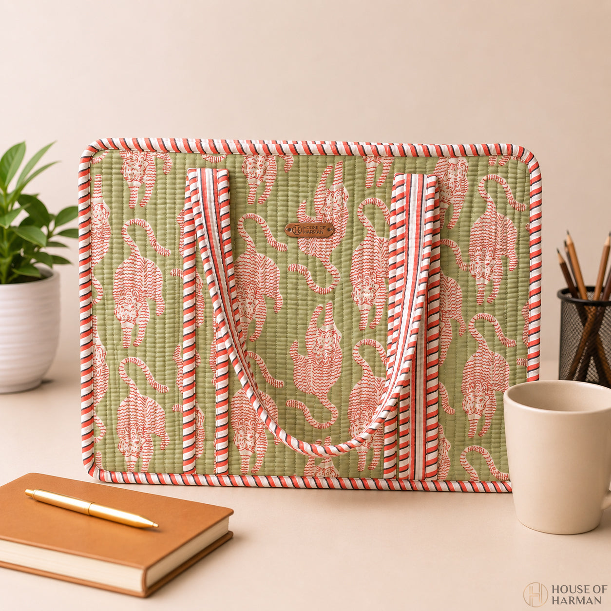 House of Harman Block Printed Tote Bag | Zipper Closure | 2 Inner Pockets | Ample Storage