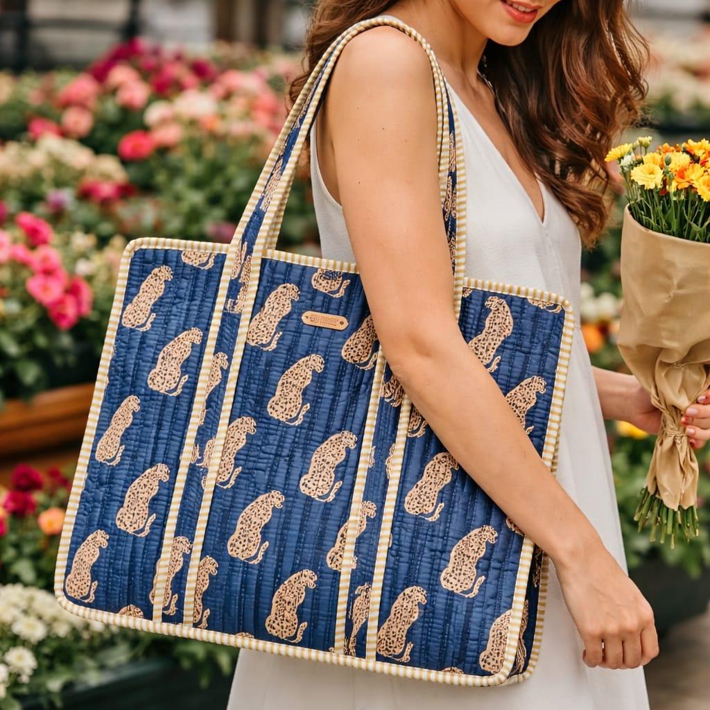 House of Harman Block Printed Tote Bag | Zipper Closure | 2 Inner Pockets | Ample Storage