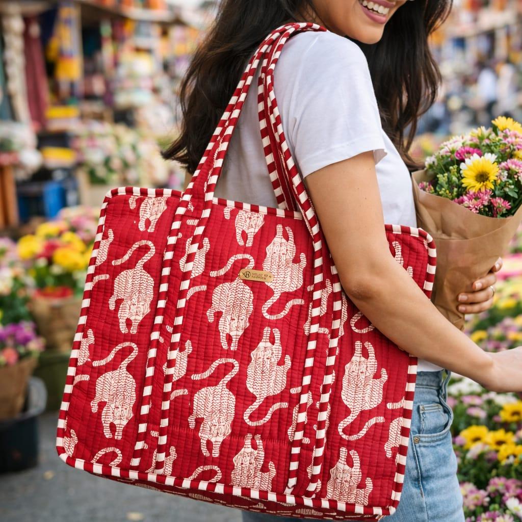 House of Harman Block Printed Tote Bag | Zipper Closure | 2 Inner Pockets | Ample Storage