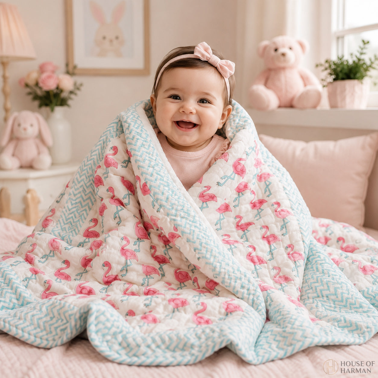 Pink Palm Flamingo Baby Quilt