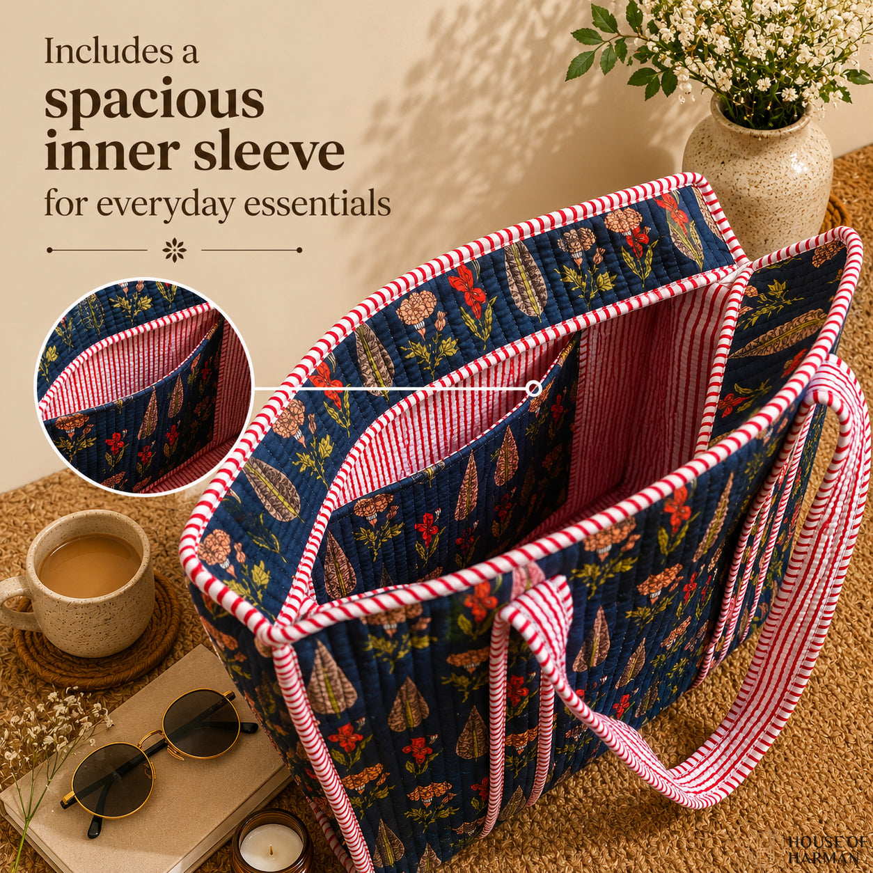 House of Harman Block Printed Tote Bag | Zipper Closure | 2 Inner Pockets | Ample Storage