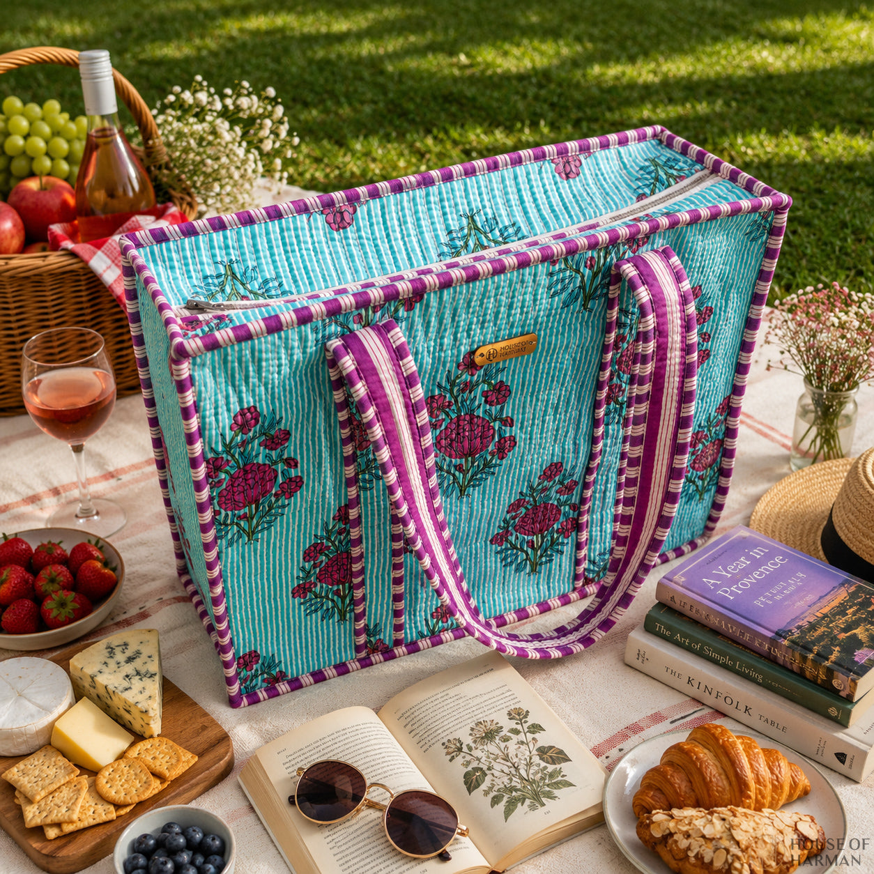 House of Harman Block Printed Tote Bag | Zipper Closure | 2 Inner Pockets | Ample Storage