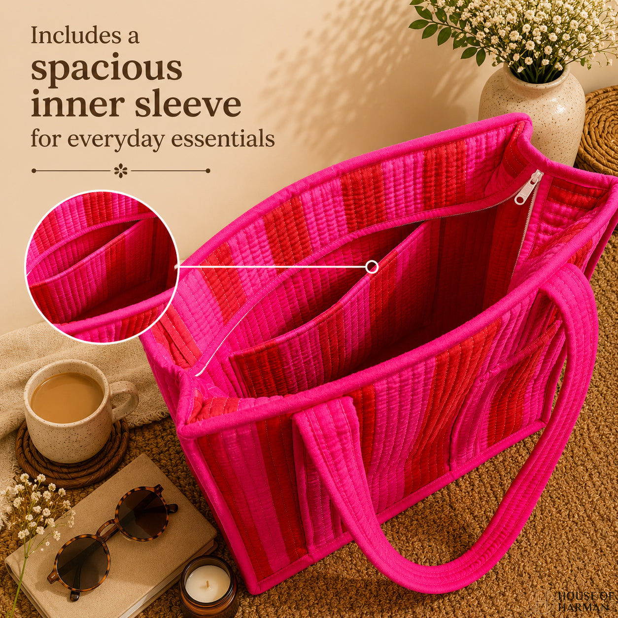 House of Harman Block Printed Tote Bag | Zipper Closure | 2 Inner Pockets | Ample Storage