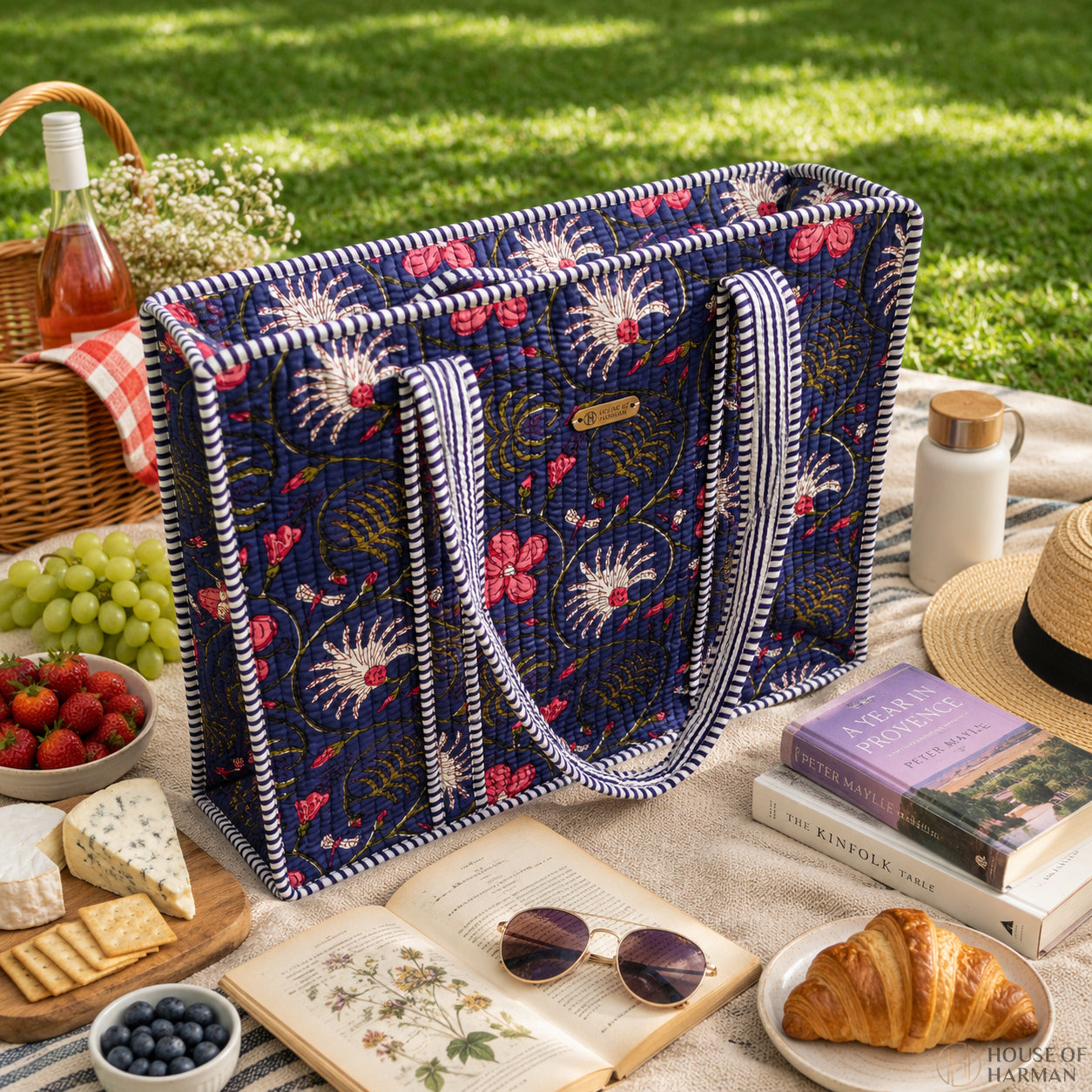 House of Harman Block Printed Tote Bag | Zipper Closure | 2 Inner Pockets | Ample Storage