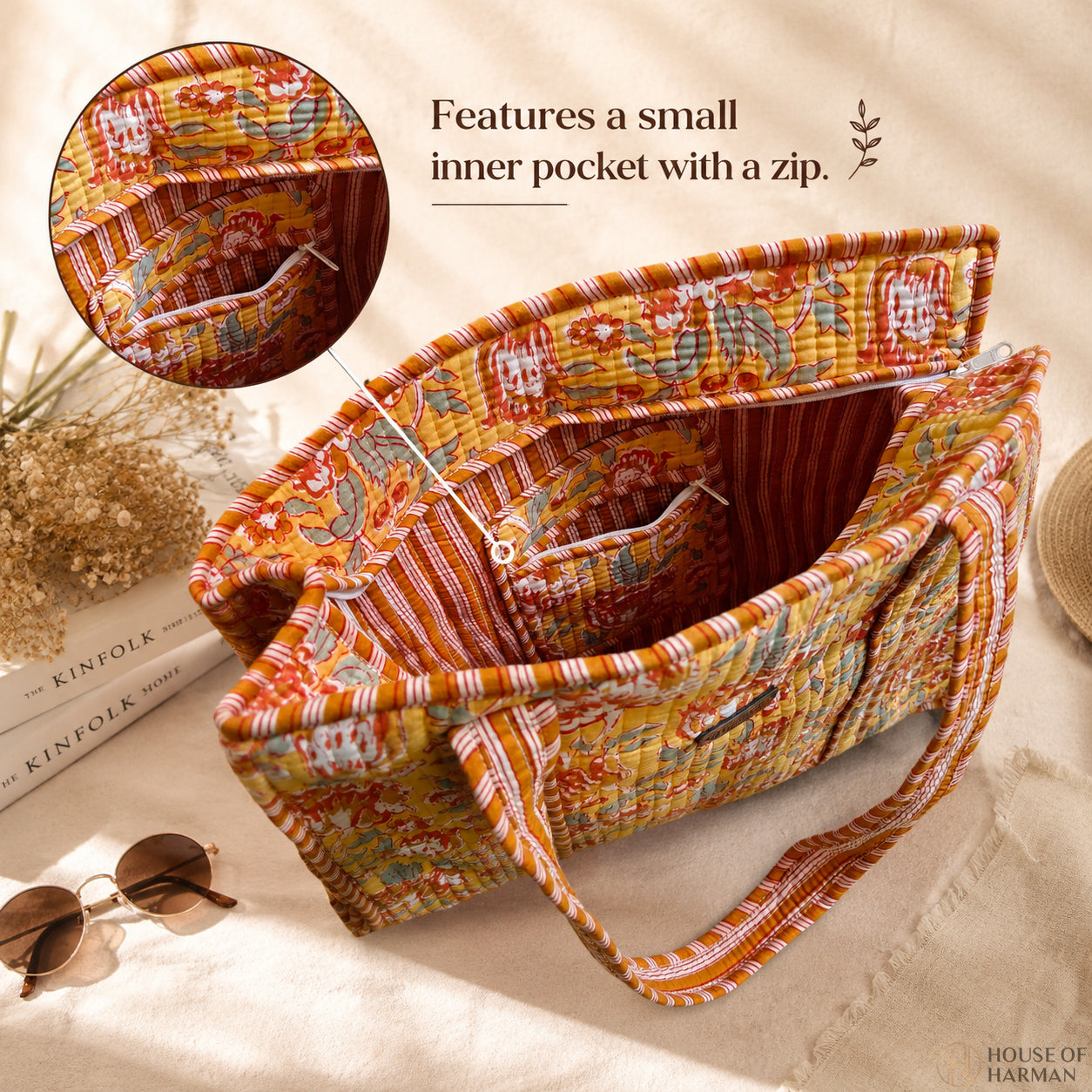House of Harman Block Printed Tote Bag | Zipper Closure | 2 Inner Pockets | Ample Storage