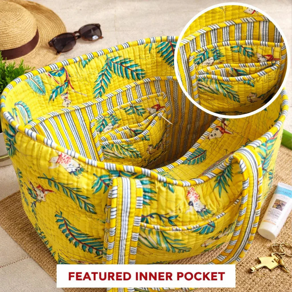 House of Harman Block Printed Tote Bag | Zipper Closure | 2 Inner Pockets | Ample Storage