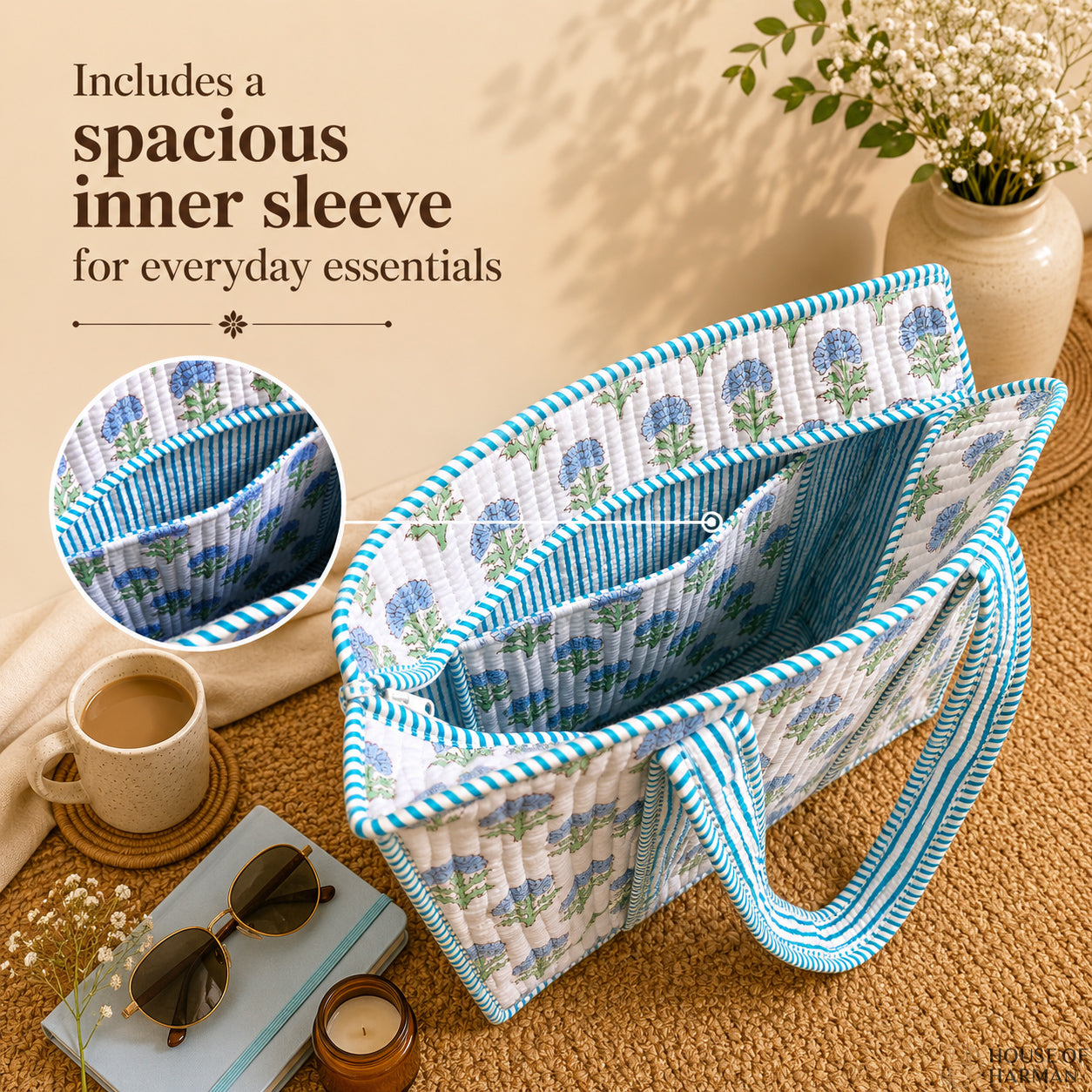 House of Harman Block Printed Tote Bag | Zipper Closure | 2 Inner Pockets | Ample Storage