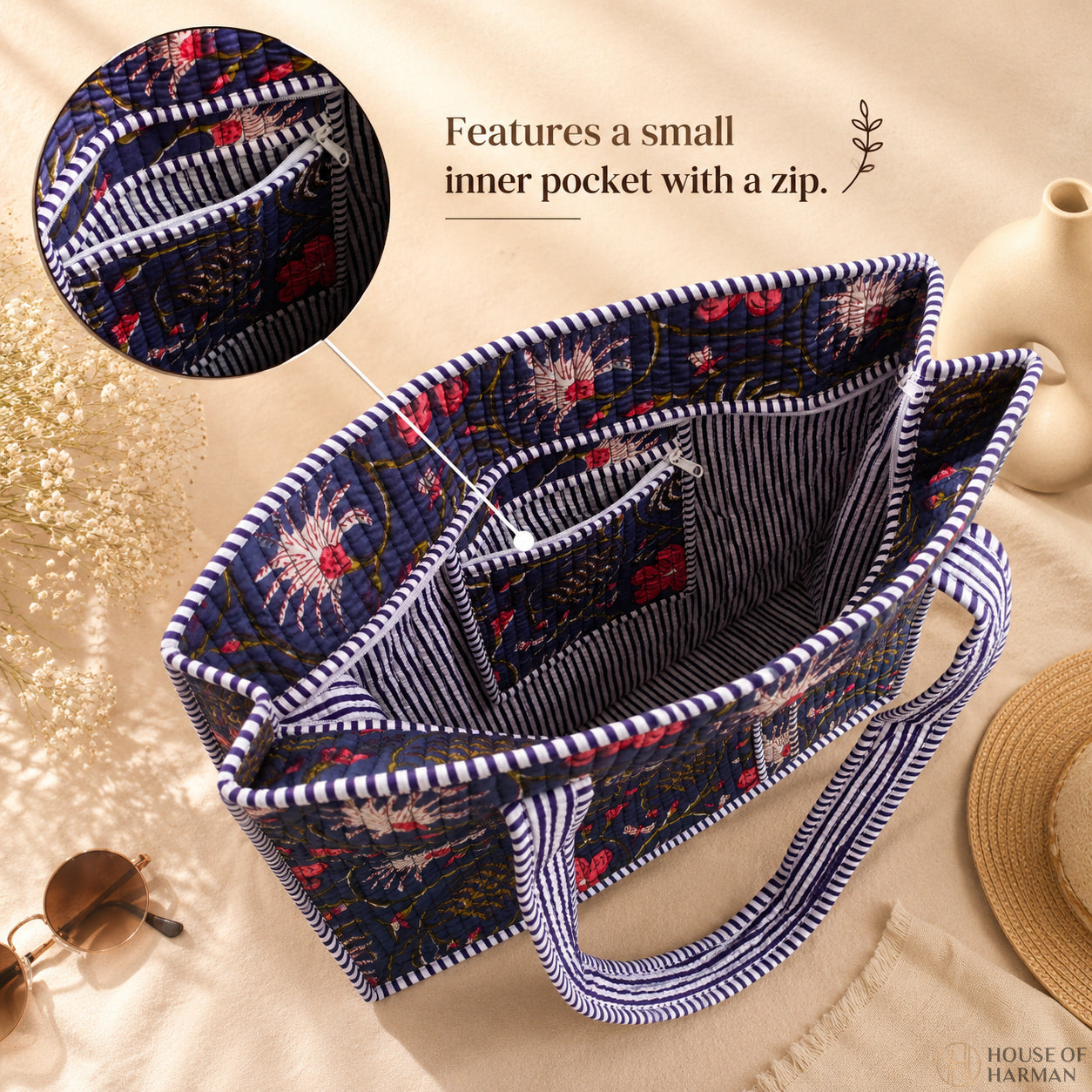 House of Harman Block Printed Tote Bag | Zipper Closure | 2 Inner Pockets | Ample Storage
