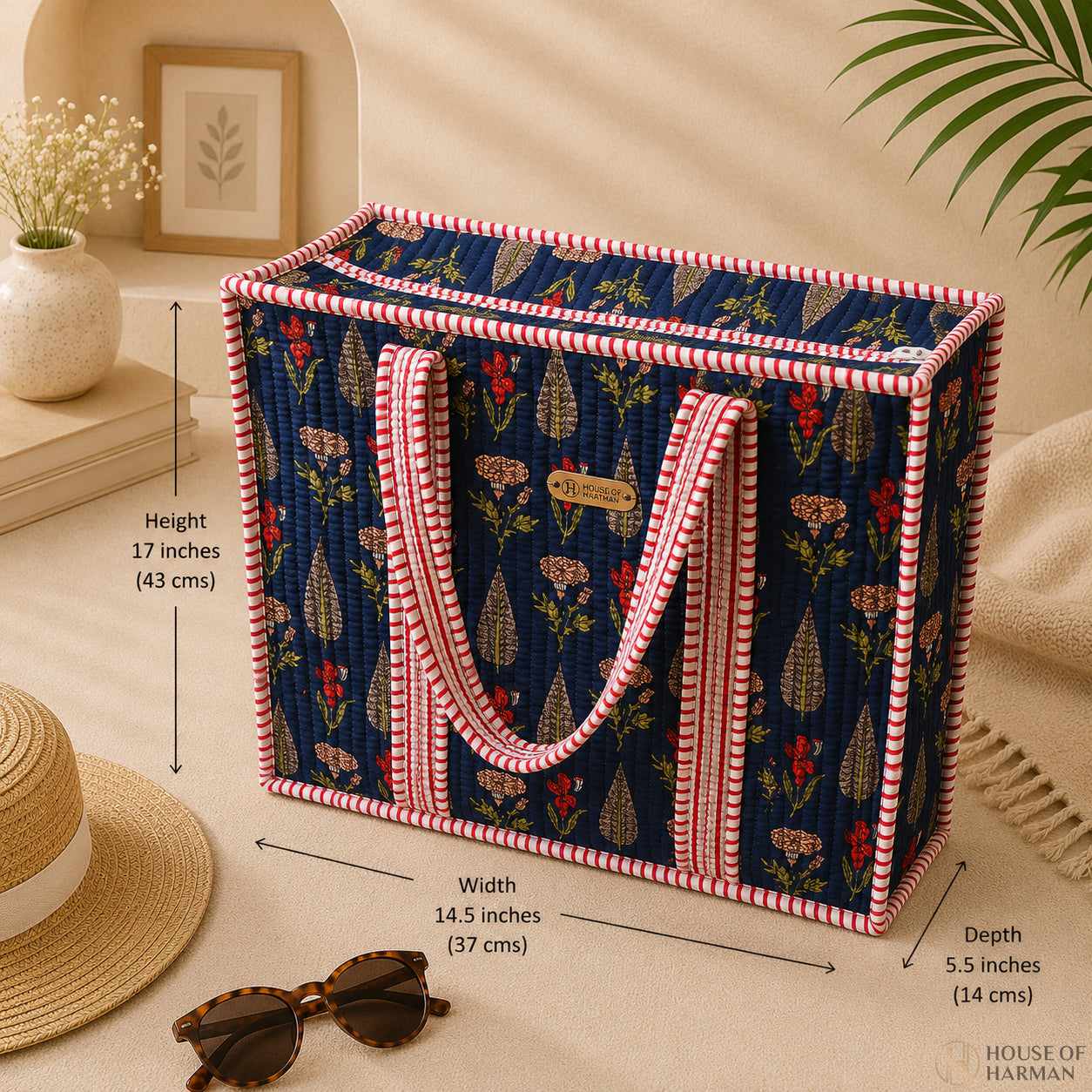 House of Harman Block Printed Tote Bag | Zipper Closure | 2 Inner Pockets | Ample Storage