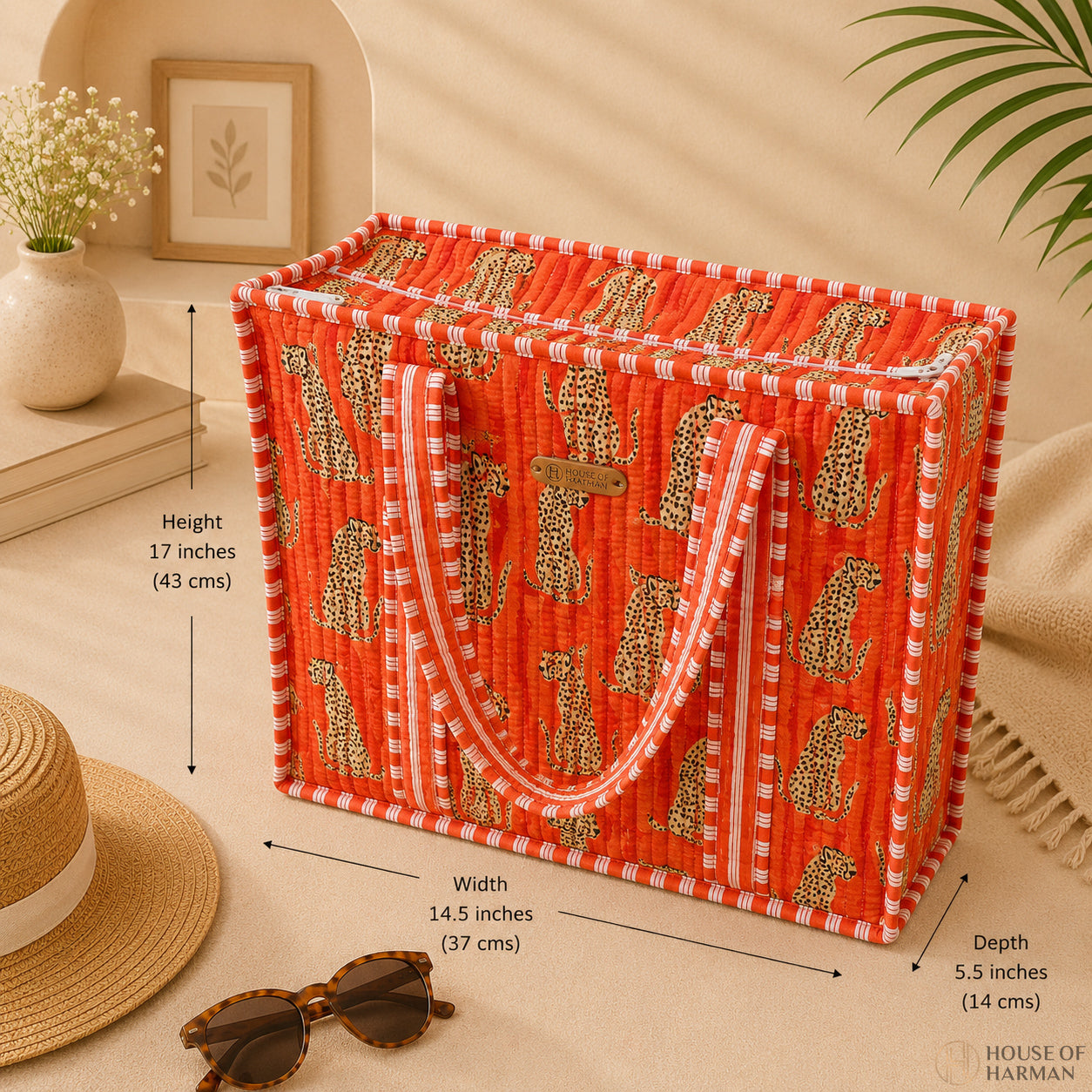 House of Harman Block Printed Tote Bag | Zipper Closure | 2 Inner Pockets | Ample Storage