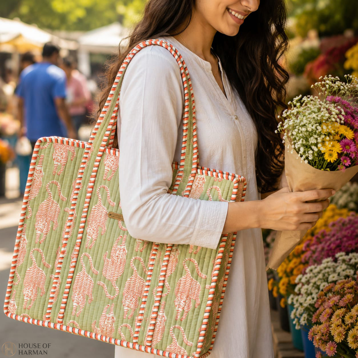House of Harman Block Printed Tote Bag | Zipper Closure | 2 Inner Pockets | Ample Storage