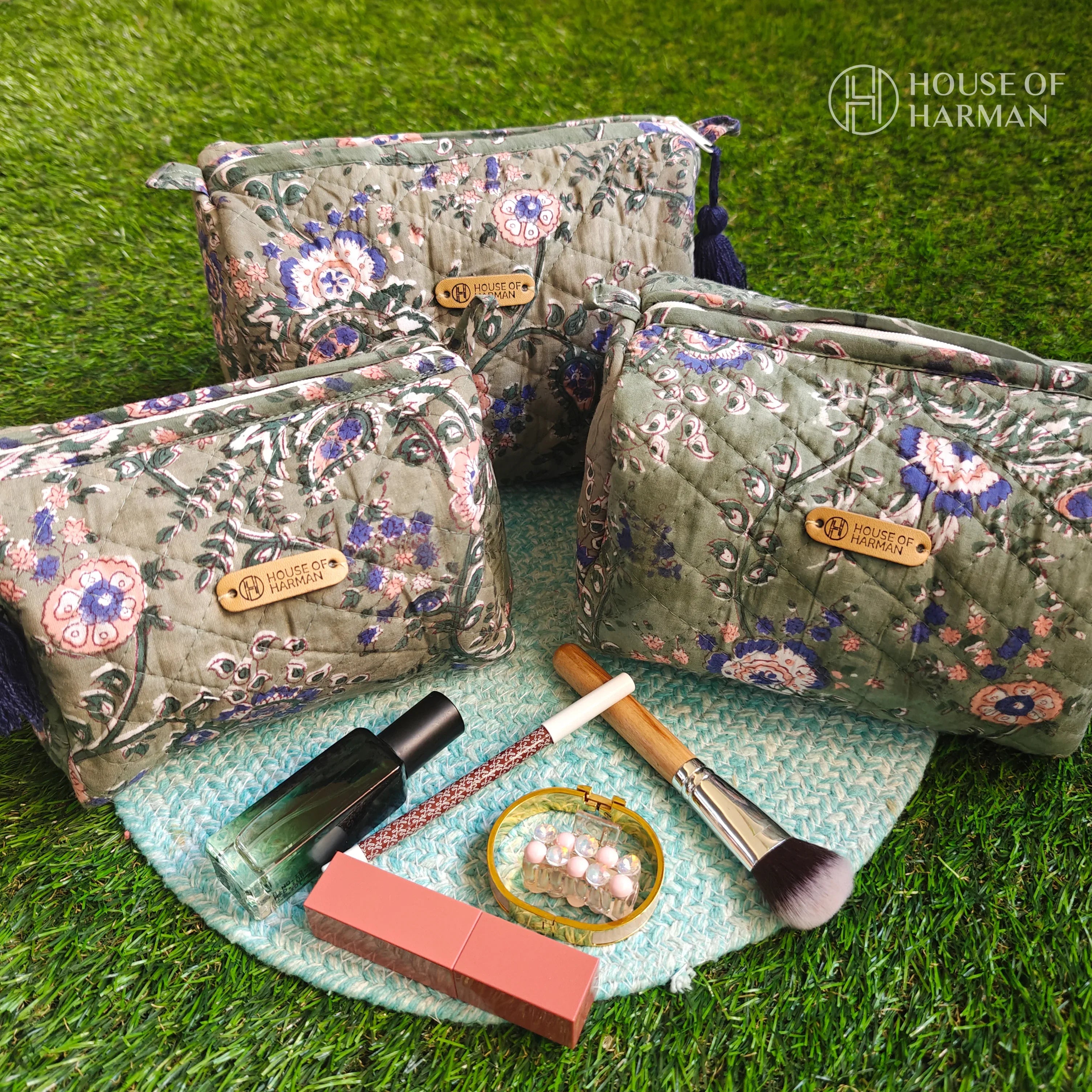 Multipurpose Pouches- Set of Three I Waterproof Lining I Four Mini Pockets Inside - HOUSE OF HARMAN