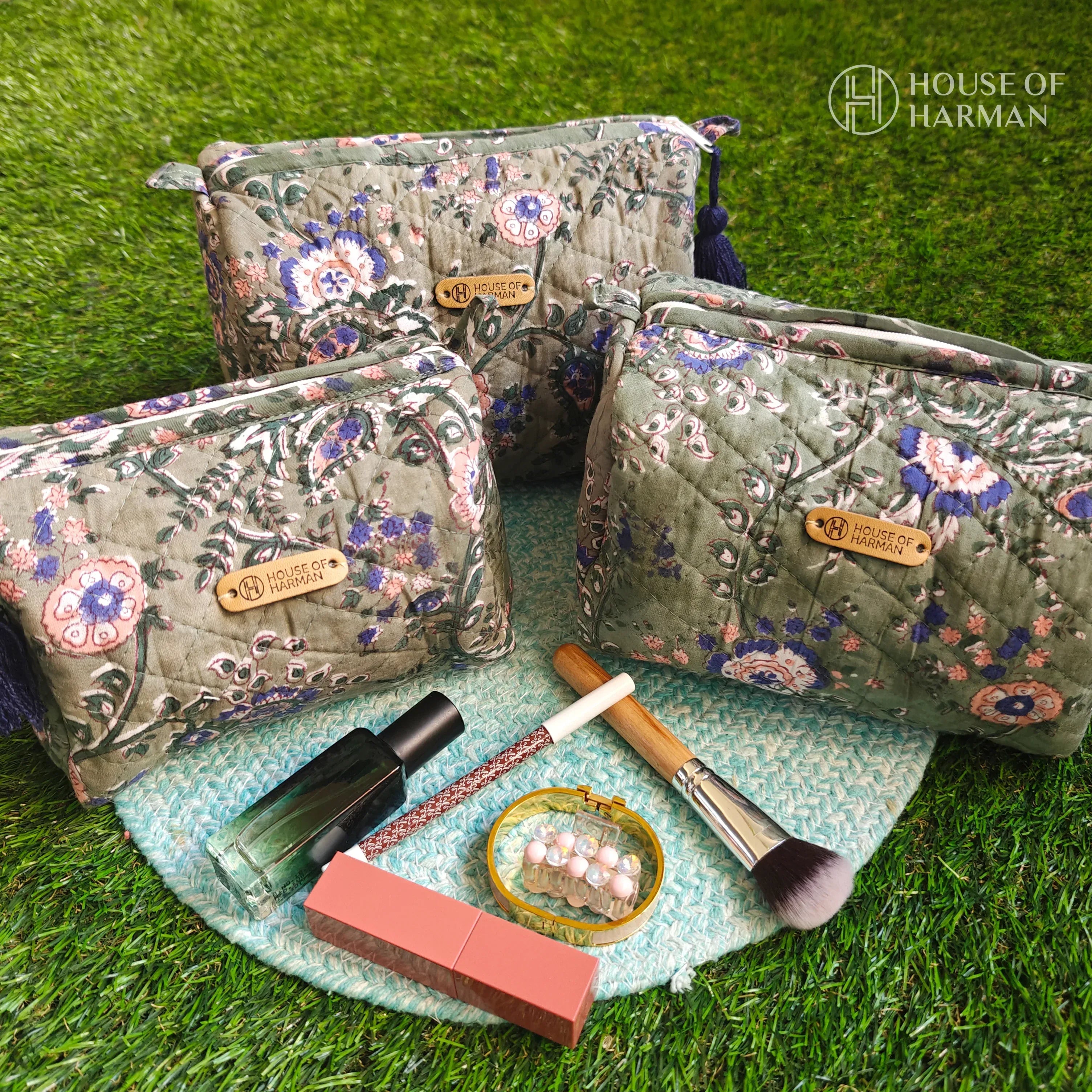 Multipurpose Pouches- Set of Three I Waterproof Lining I Four Mini Pockets Inside - HOUSE OF HARMAN