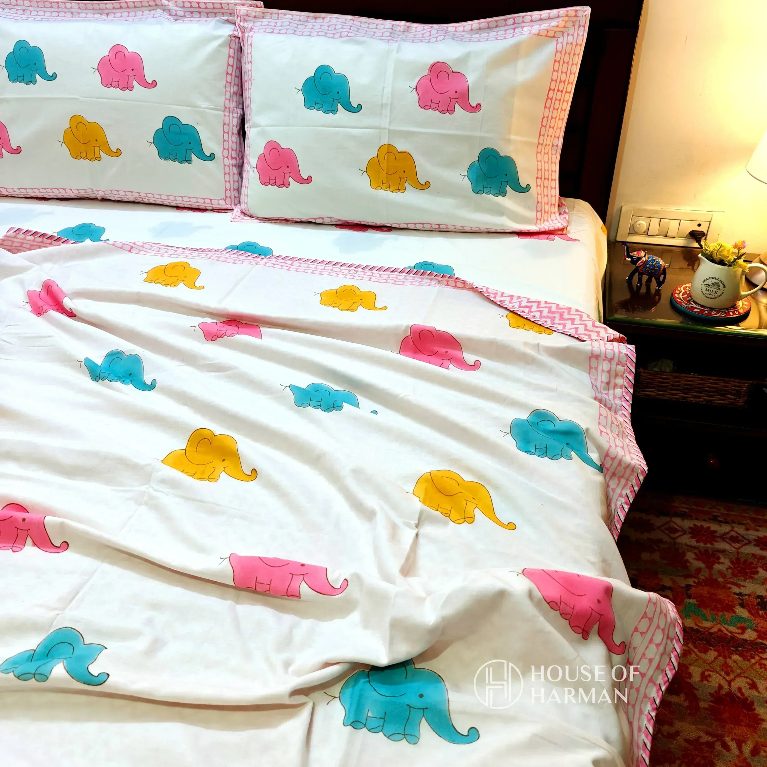 Playful Trunky Joys Bedsheet and Dohar - HOUSE OF HARMAN