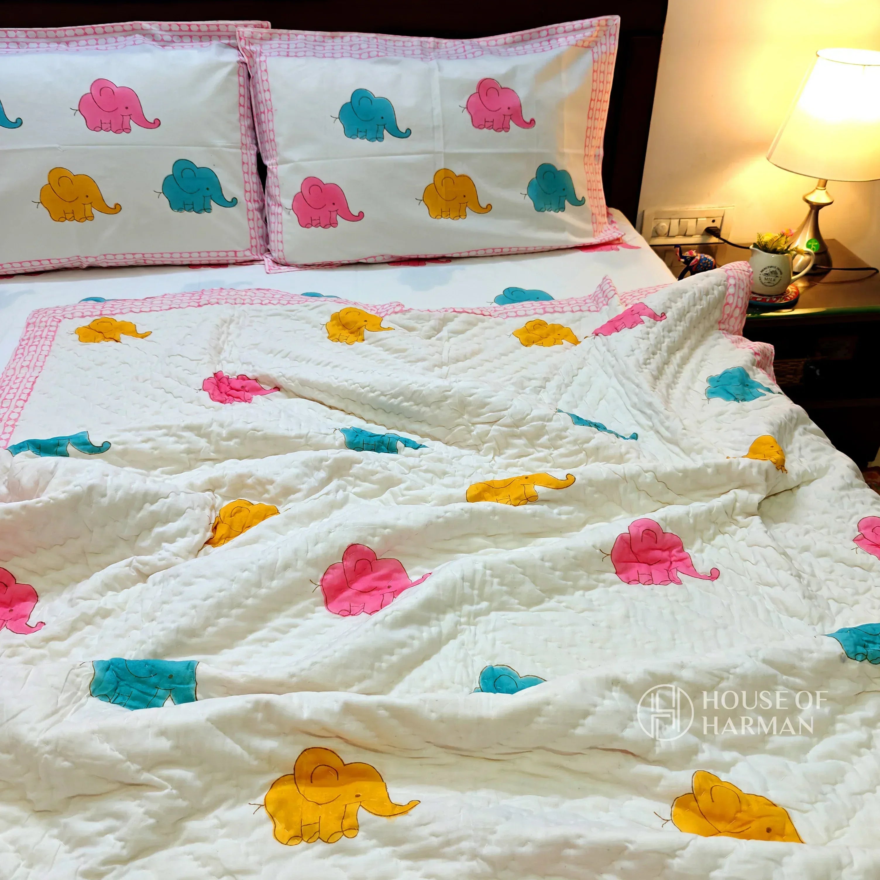 Playful Trunky Joys Bedsheet and Quilt - HOUSE OF HARMAN