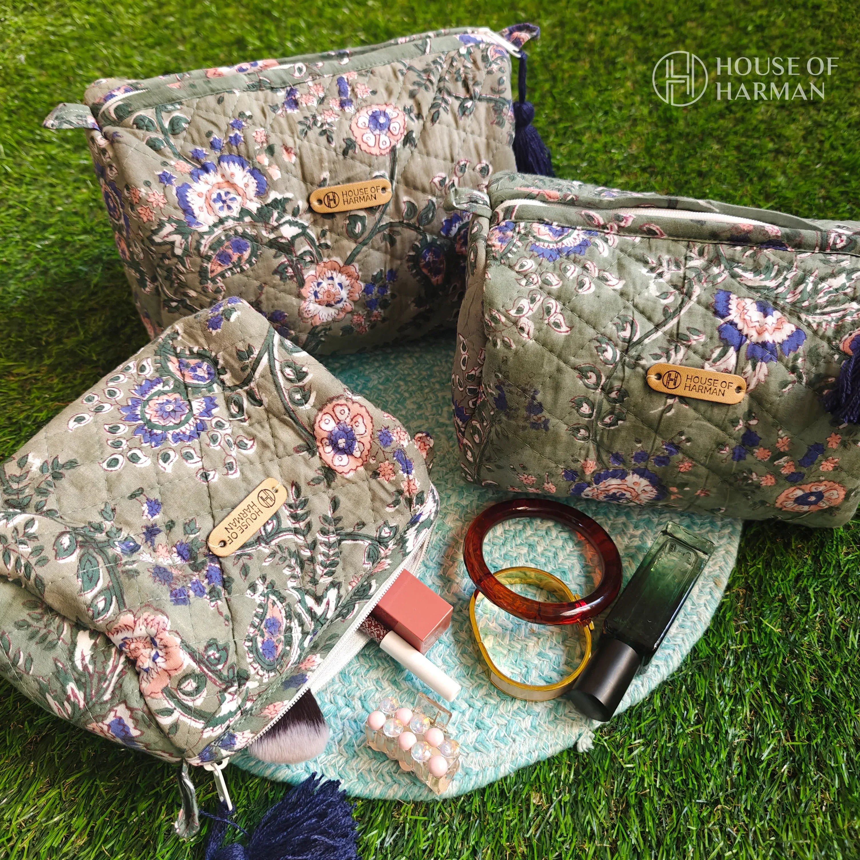Multipurpose Pouches- Set of Three I Waterproof Lining I Four Mini Pockets Inside - HOUSE OF HARMAN