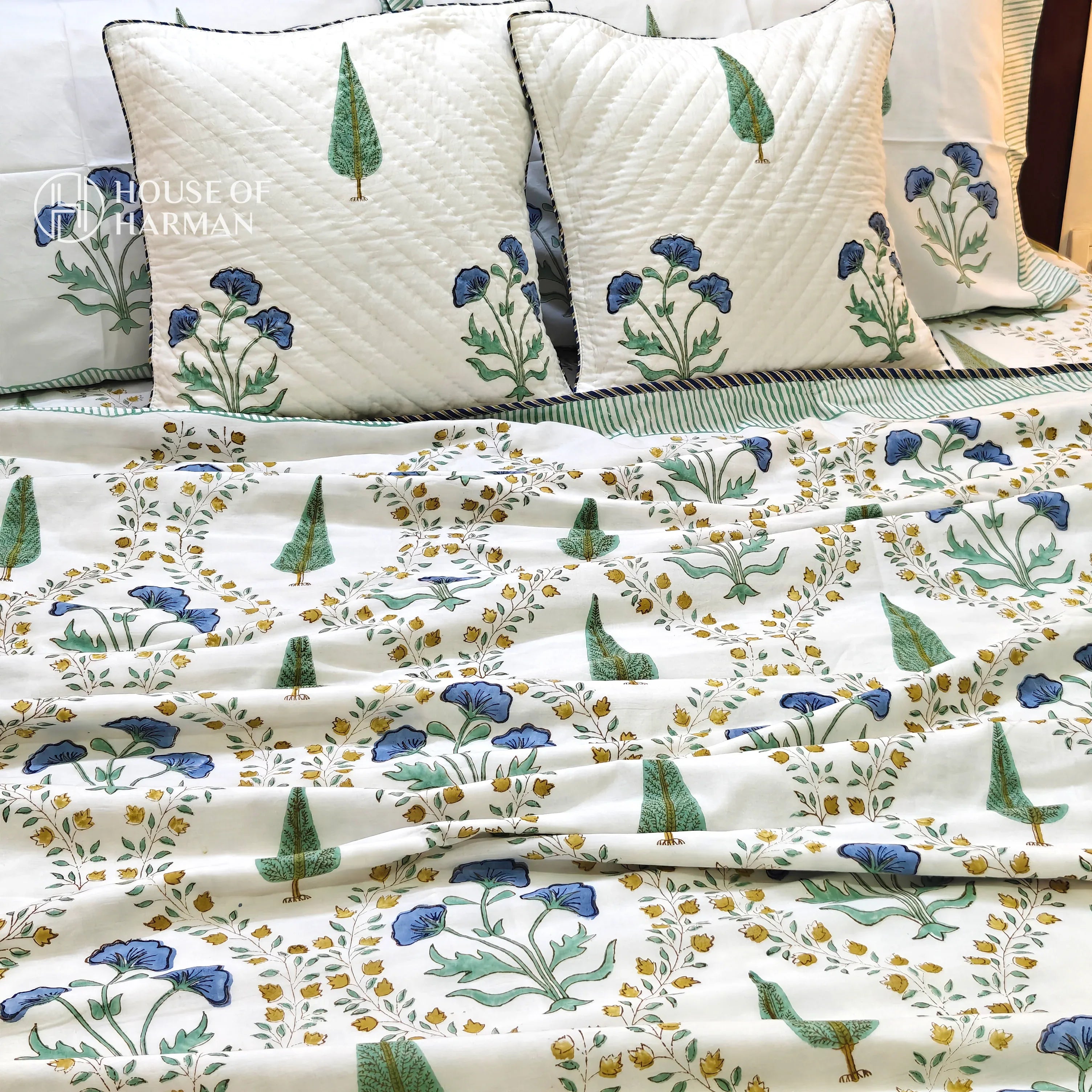 Sapphire Pine Floral Jaal Dohar - HOUSE OF HARMAN