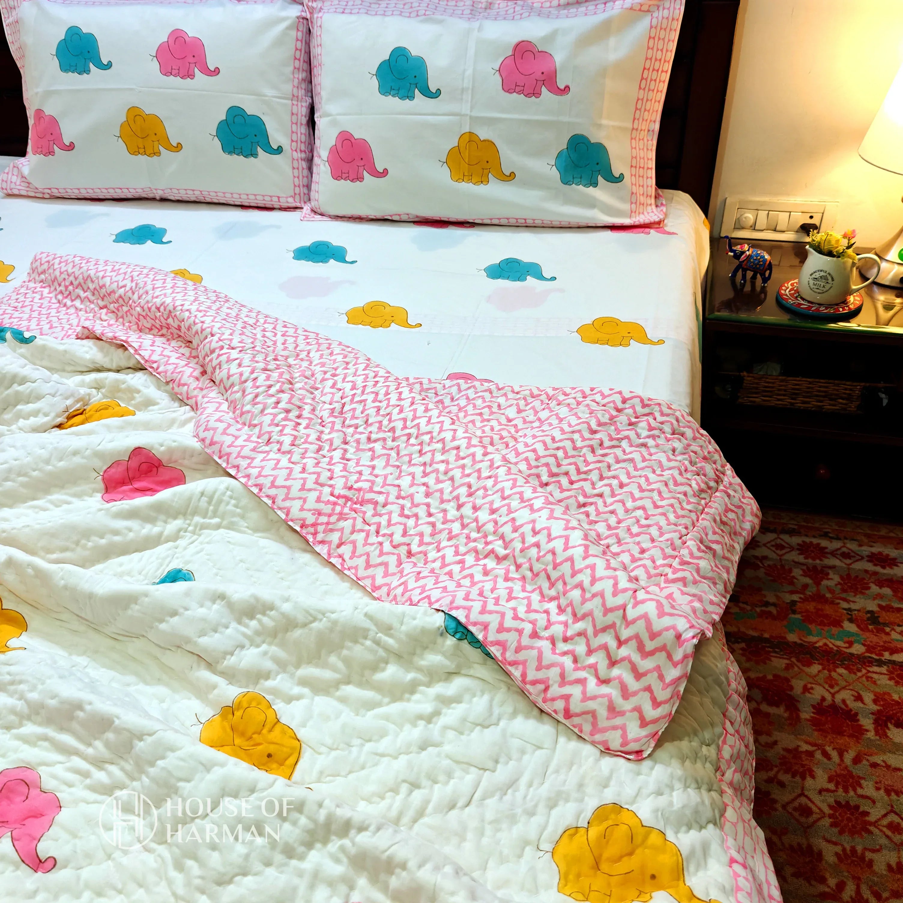 Playful Trunky Joys Bedsheet and Quilt - HOUSE OF HARMAN