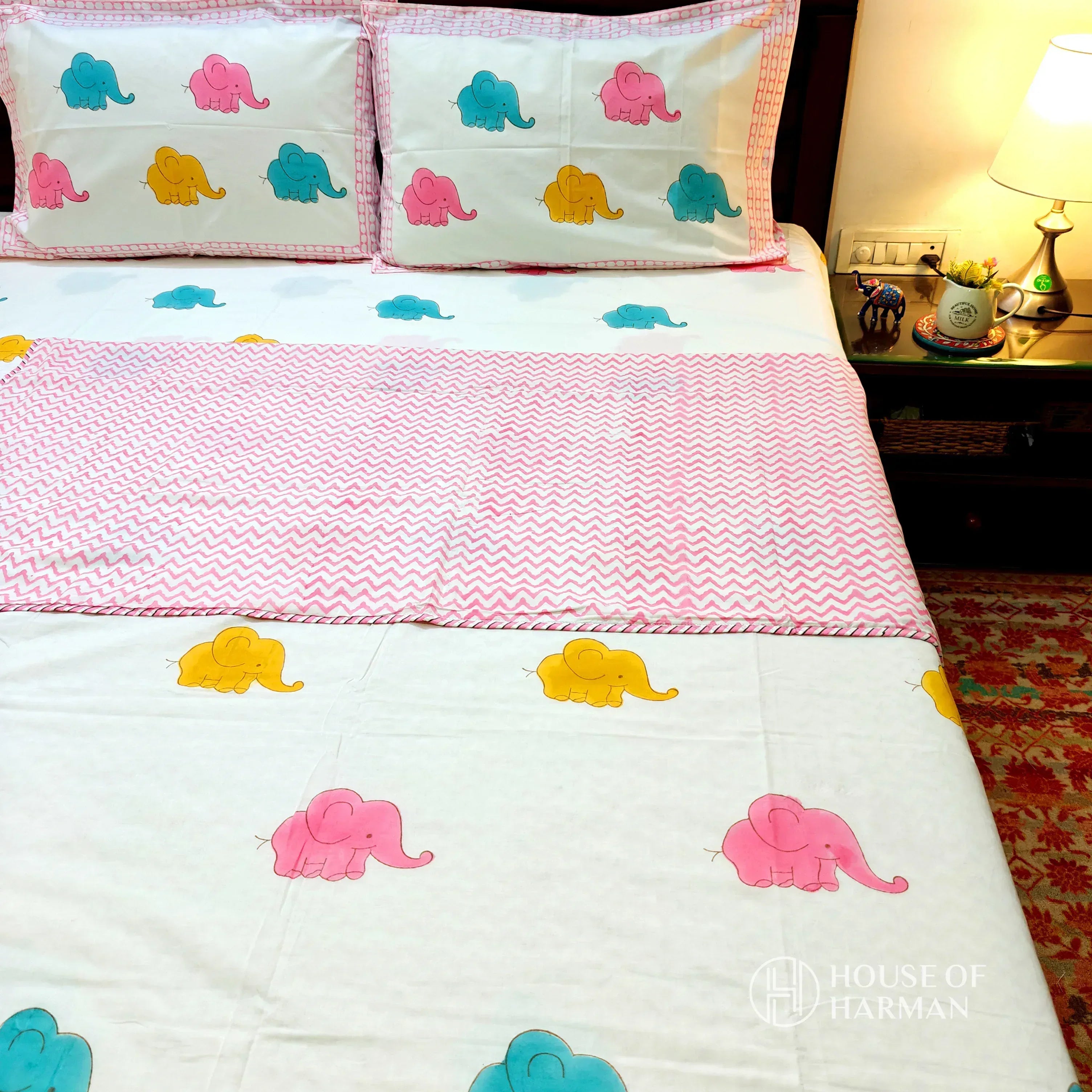 Playful Trunky Joys Bedsheet and Dohar - HOUSE OF HARMAN