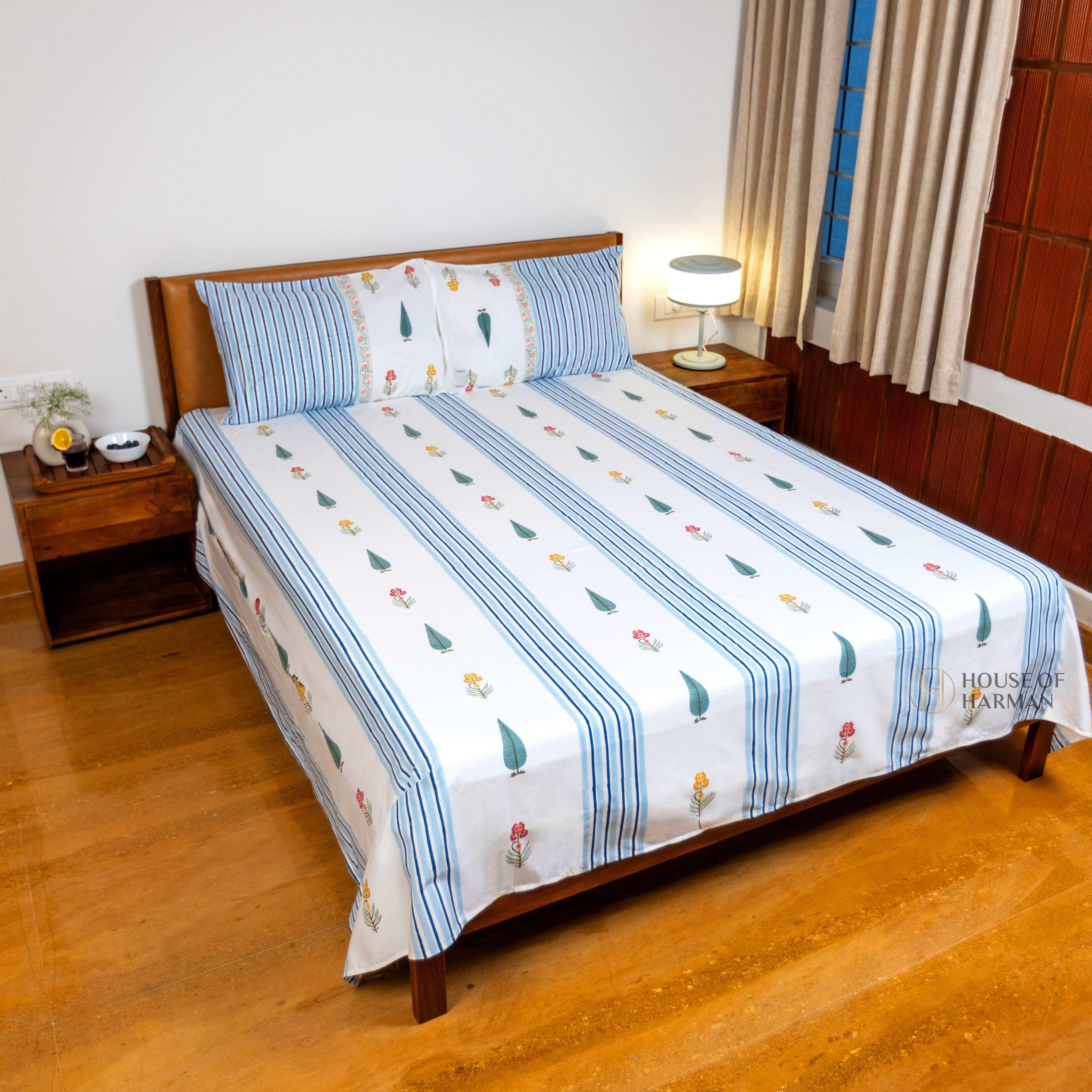 Meadow Bloom Stripes Bedsheet and Dohar - HOUSE OF HARMAN