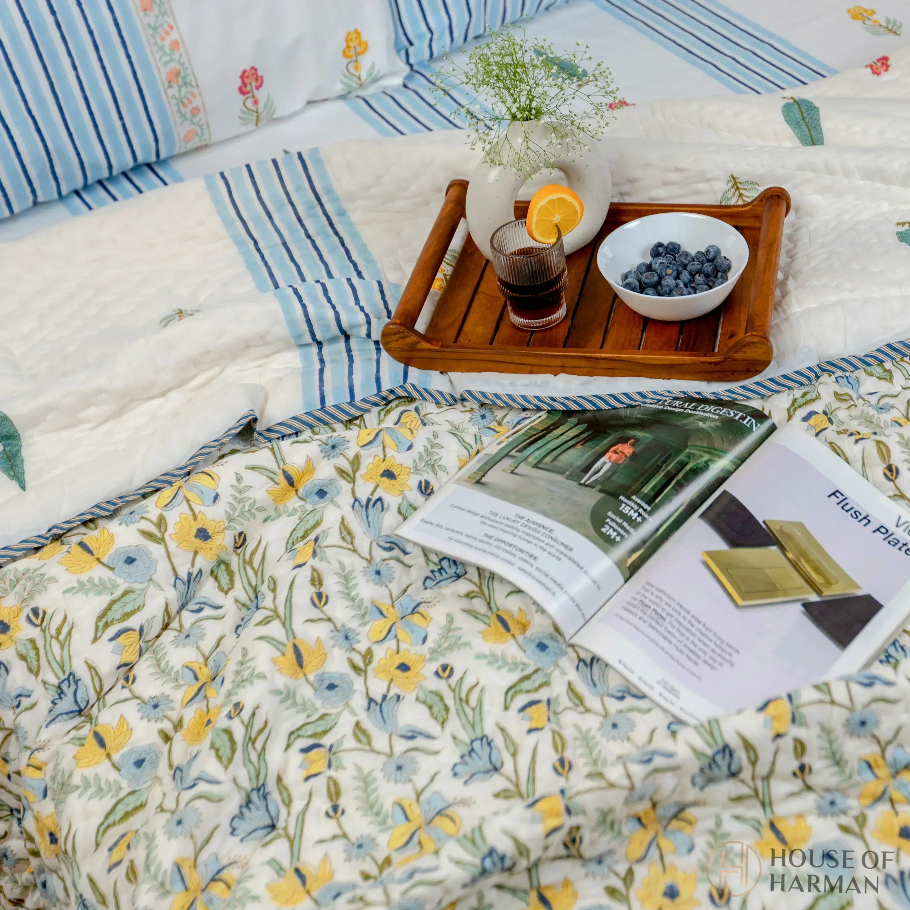 Meadow Bloom Stripes Bedsheet and Quilt - HOUSE OF HARMAN