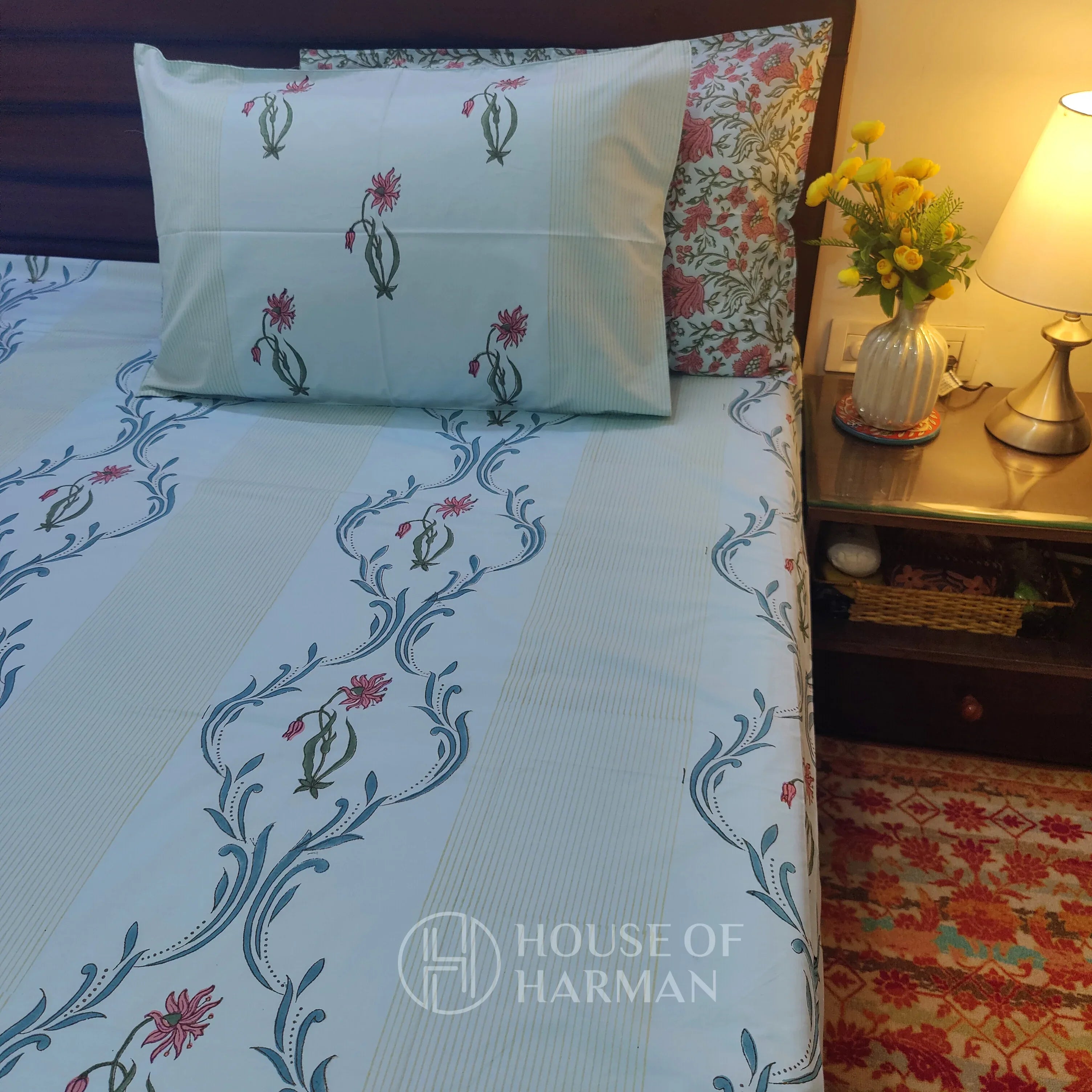 Celeste Floral Serenade Bedsheet (Blue Base Colour) - HOUSE OF HARMAN